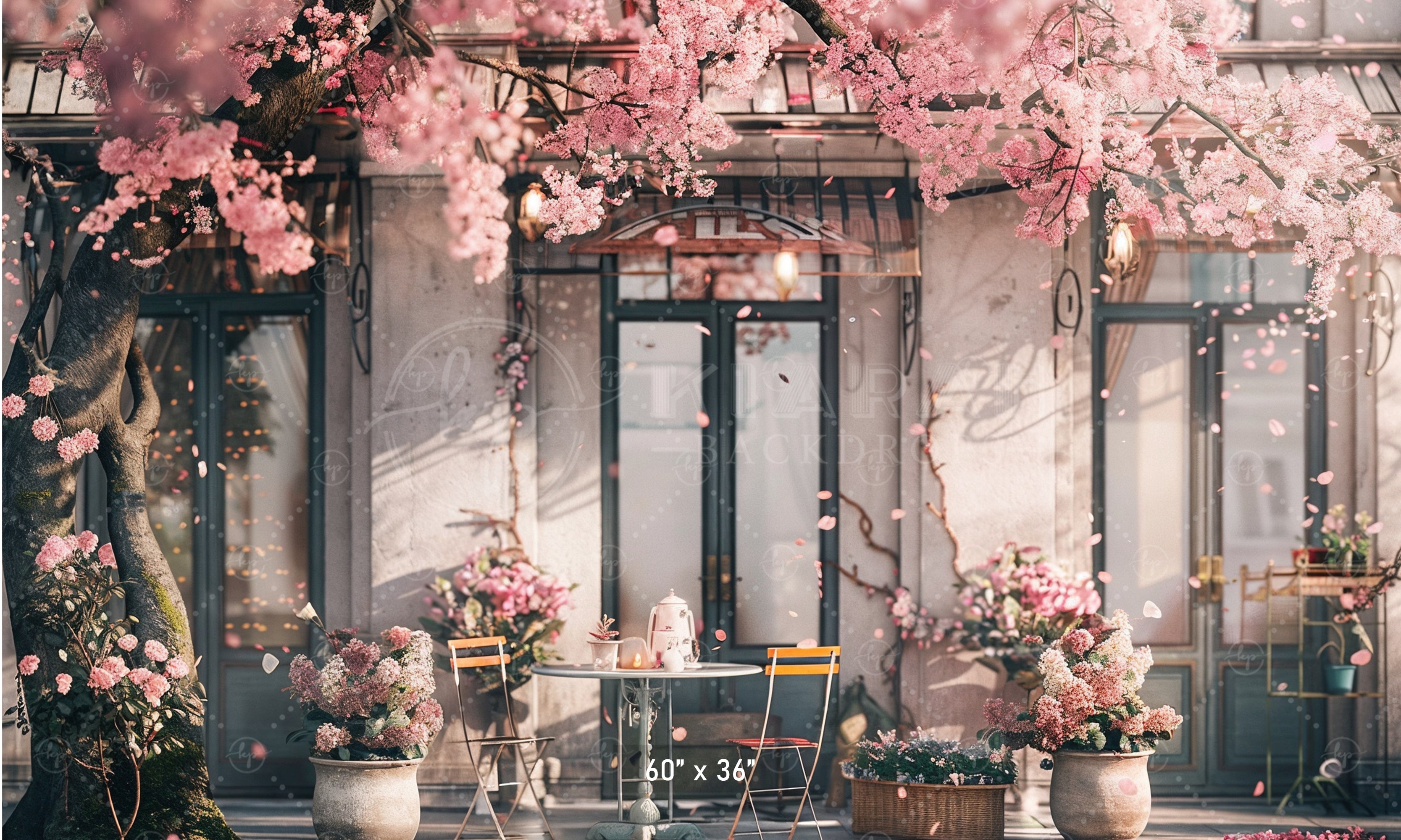 Elegant Cherry Blossom Café Scene Backdrop