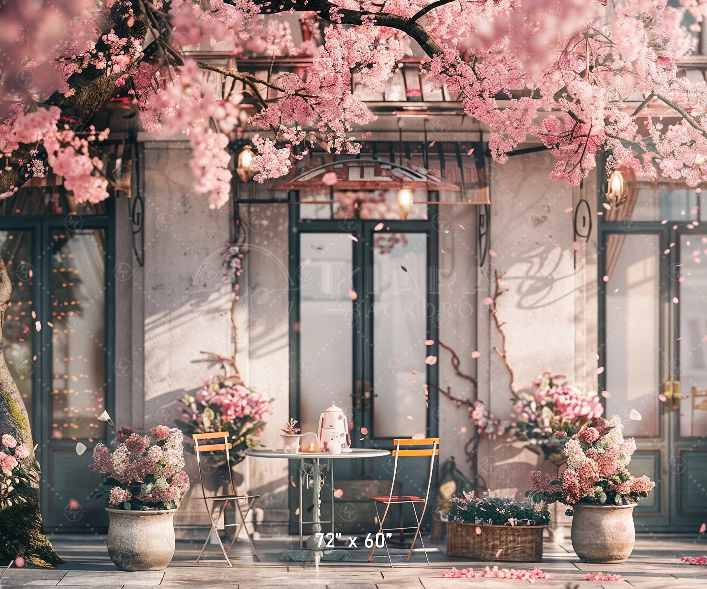 Elegant Cherry Blossom Café Scene Backdrop