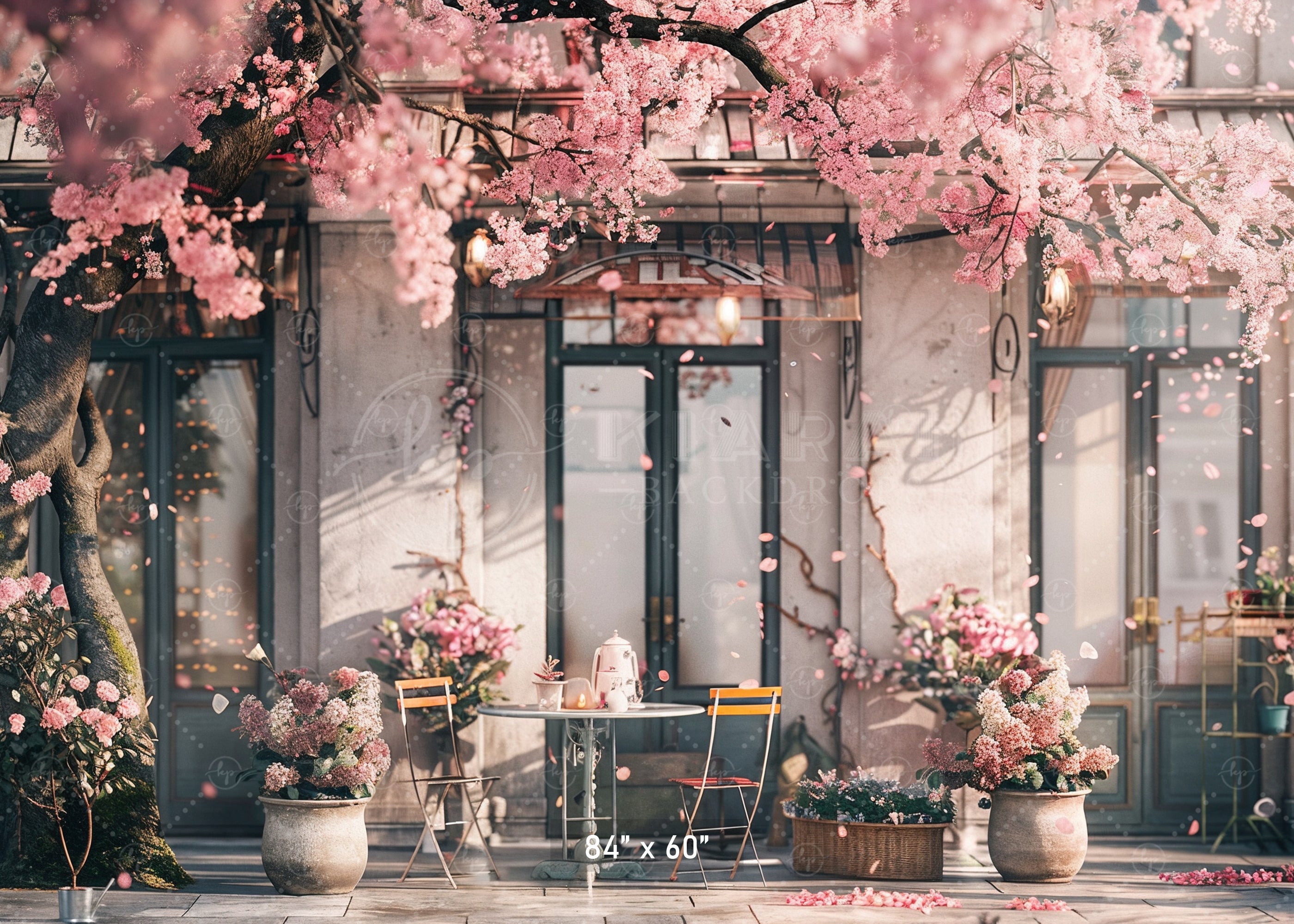 Elegant Cherry Blossom Café Scene Backdrop