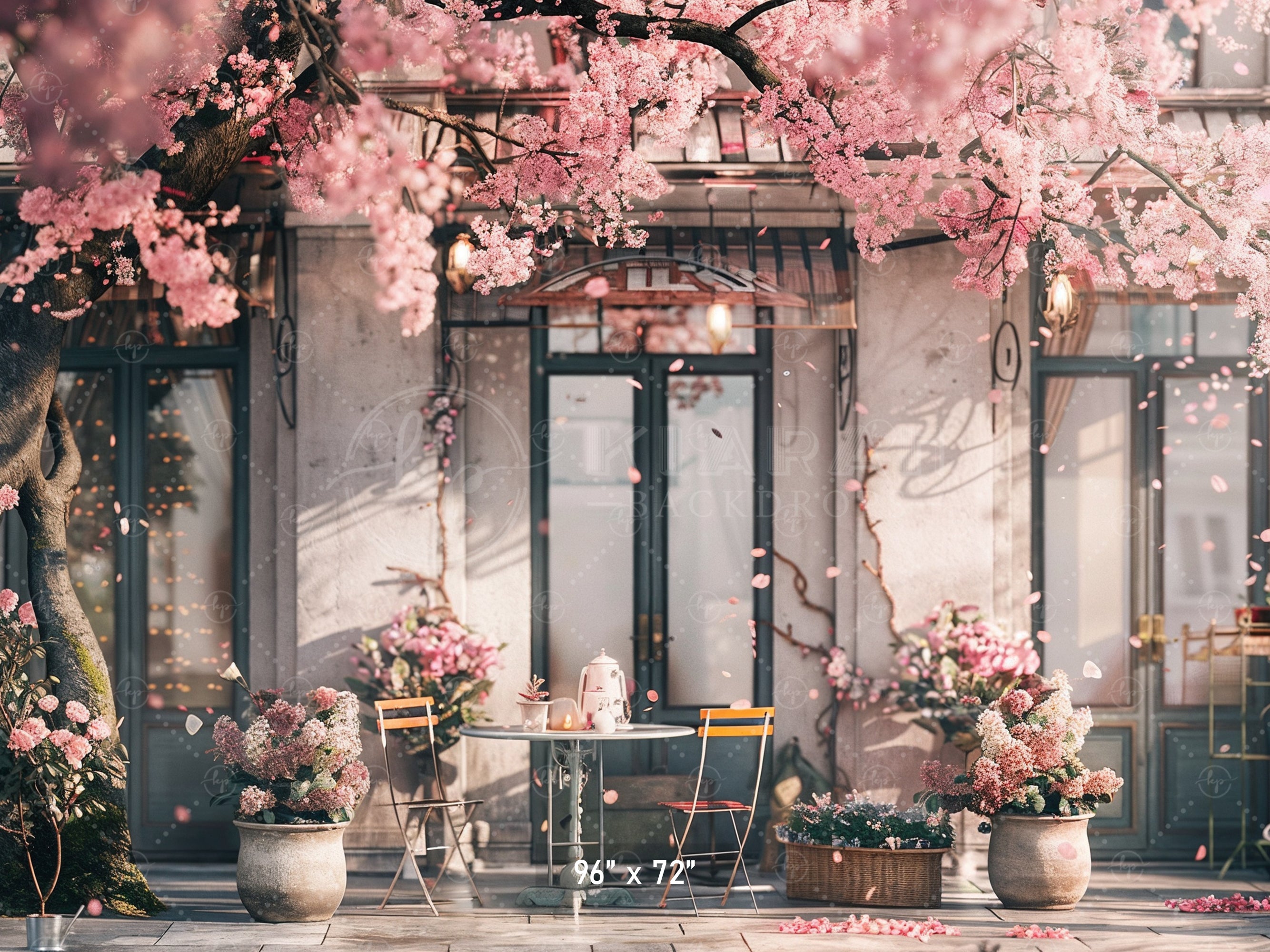 Elegant Cherry Blossom Café Scene Backdrop