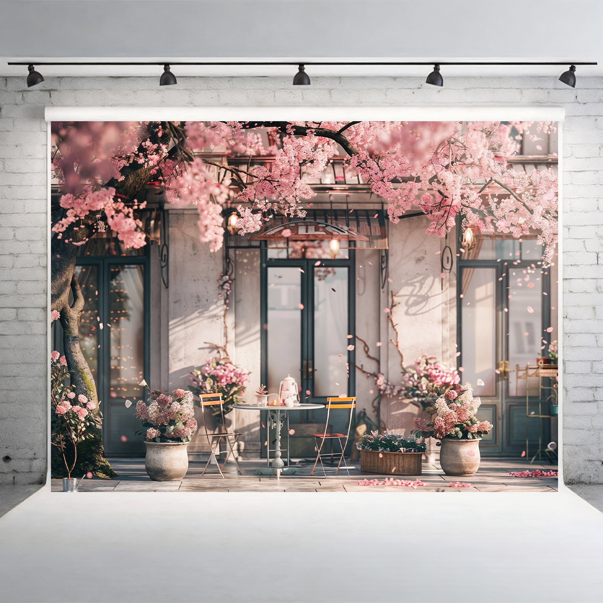 Elegant Cherry Blossom Café Scene Backdrop
