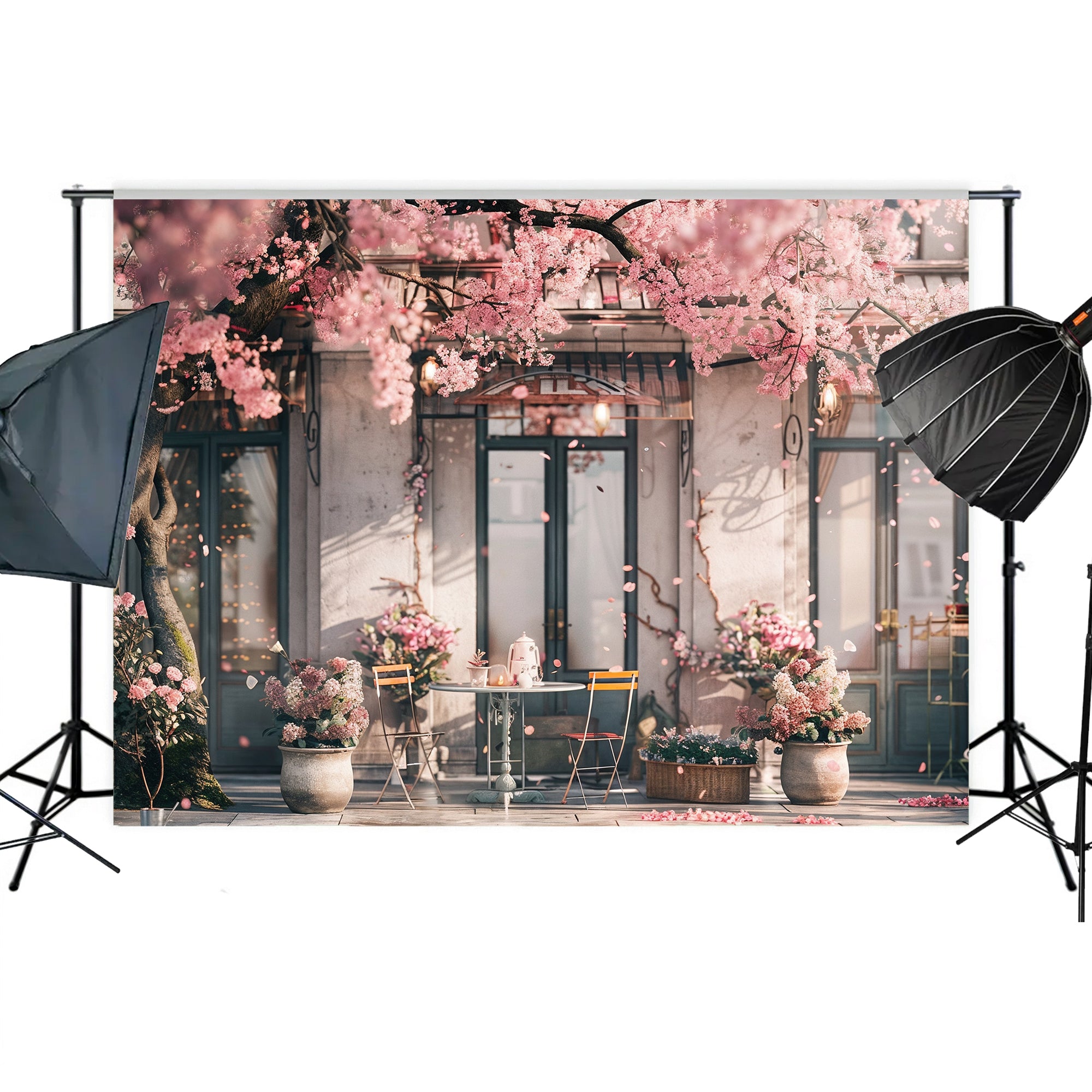 Elegant Cherry Blossom Café Scene Backdrop