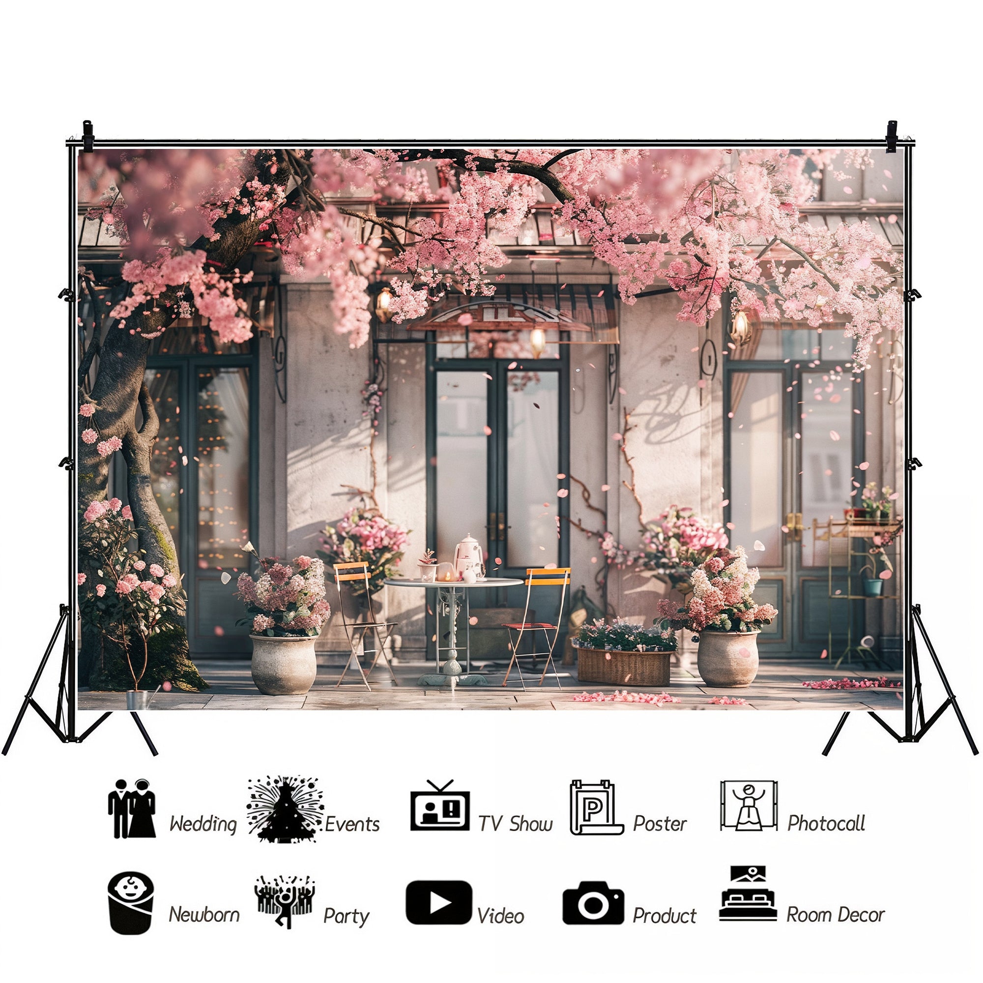 Elegant Cherry Blossom Café Scene Backdrop