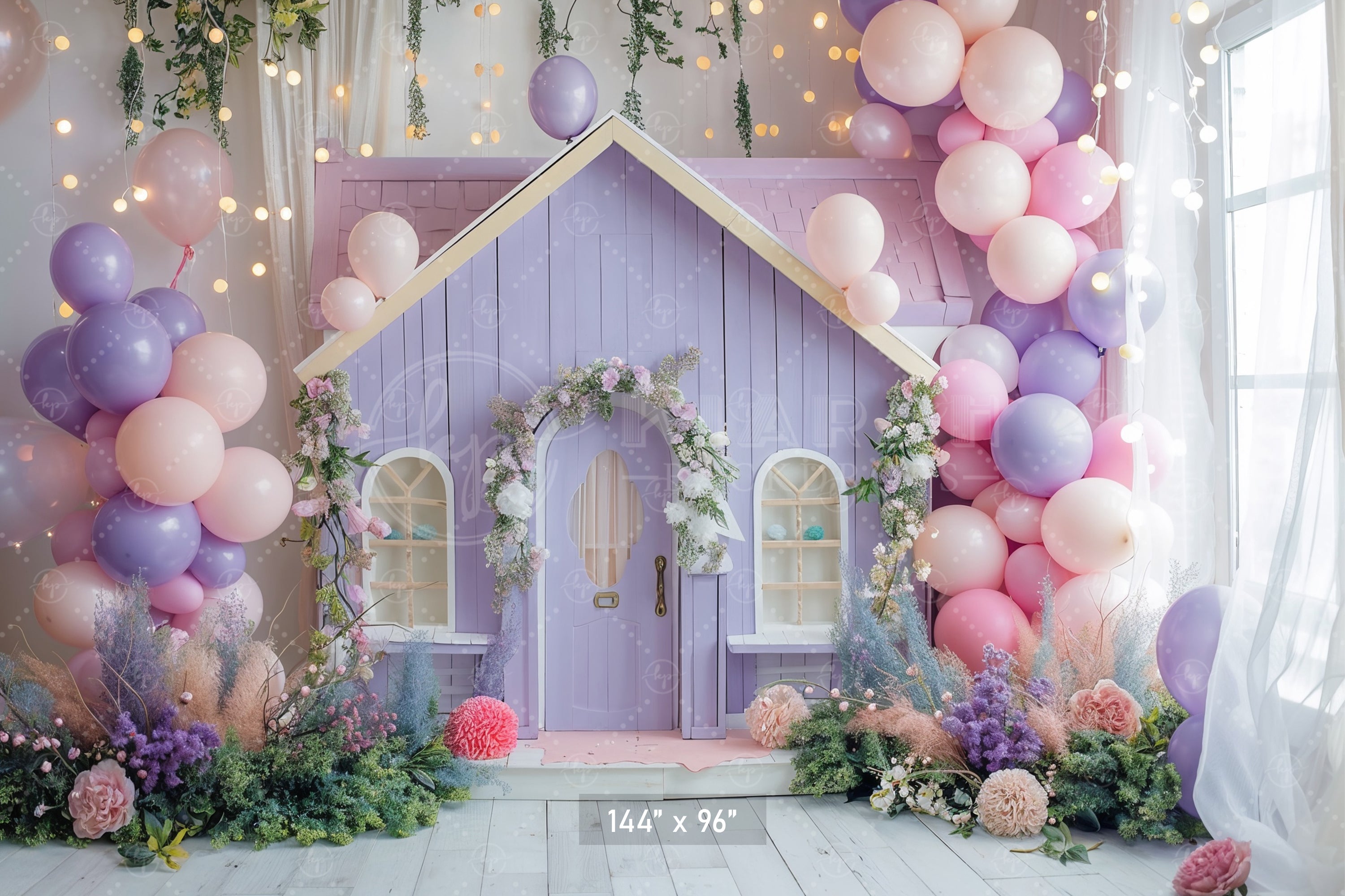 Enchanted Fairy Cottage with Balloons Backdrop