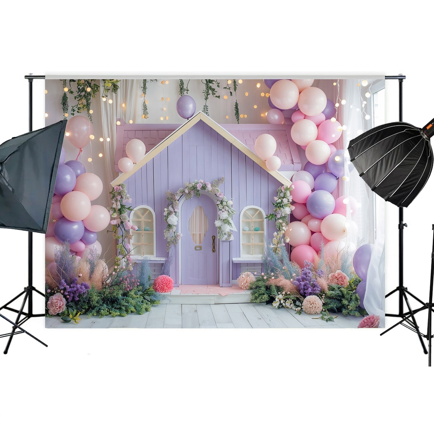 Enchanted Fairy Cottage with Balloons Backdrop