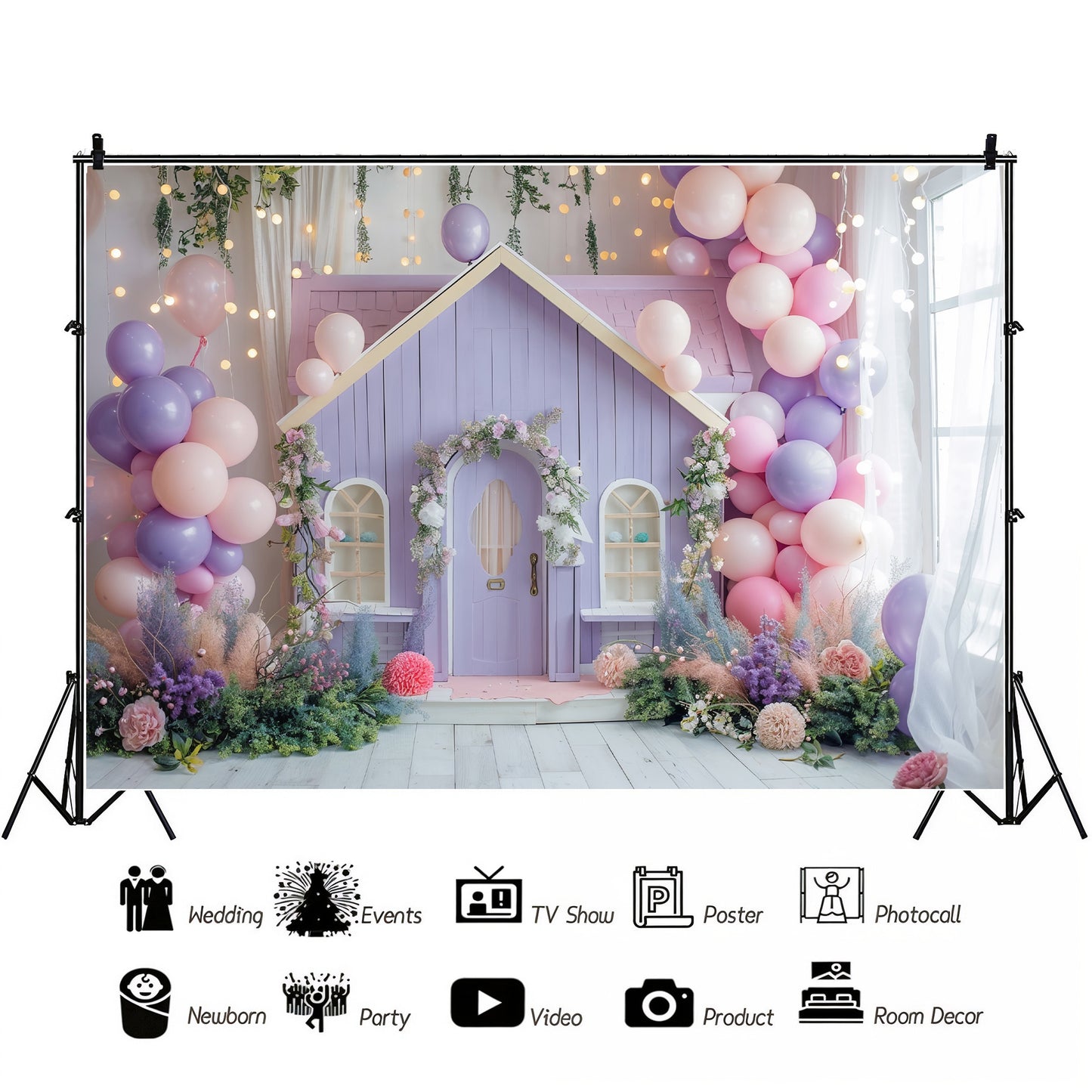 Enchanted Fairy Cottage with Balloons Backdrop