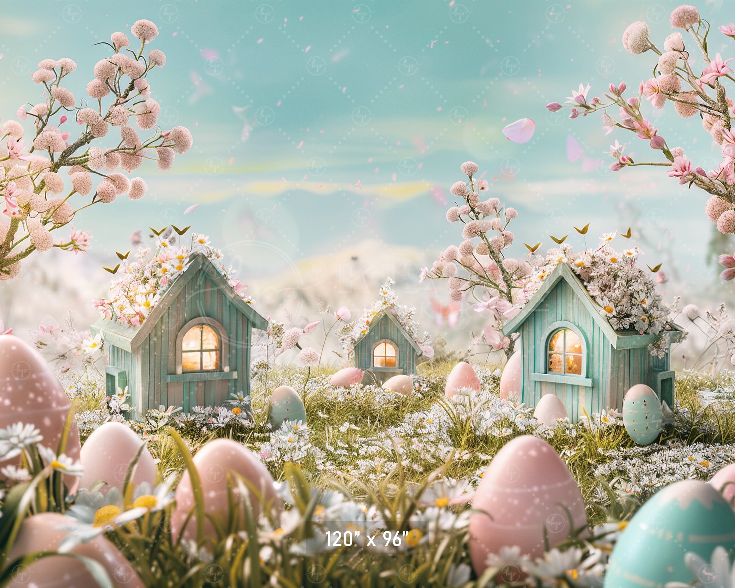 Enchanted Easter Village with Blossoms Backdrop