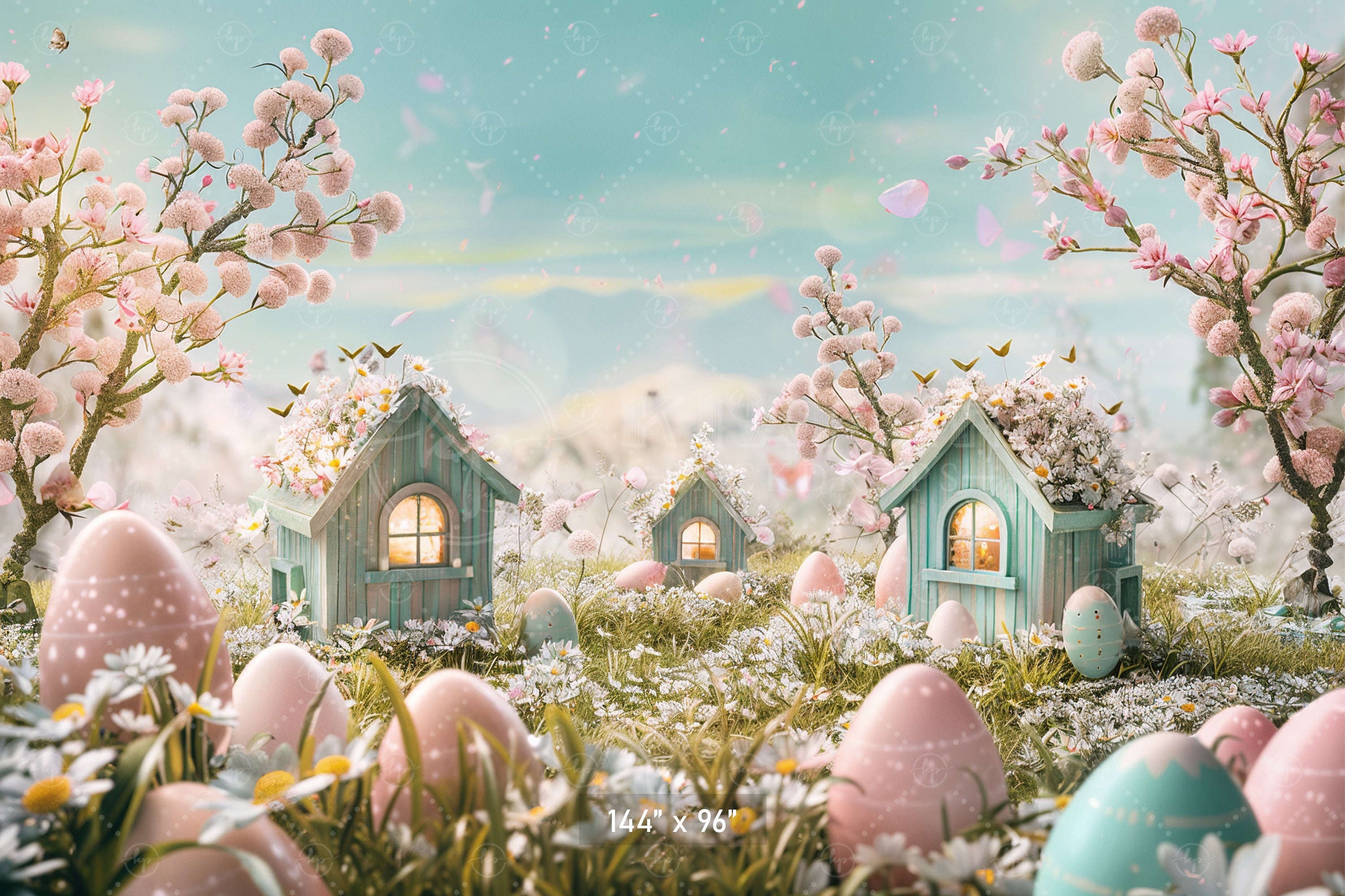 Enchanted Easter Village with Blossoms Backdrop