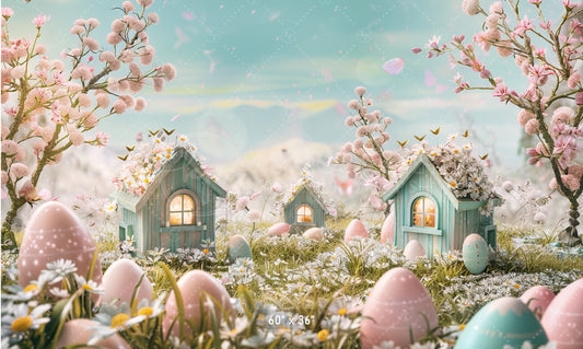 Enchanted Easter Village with Blossoms Backdrop