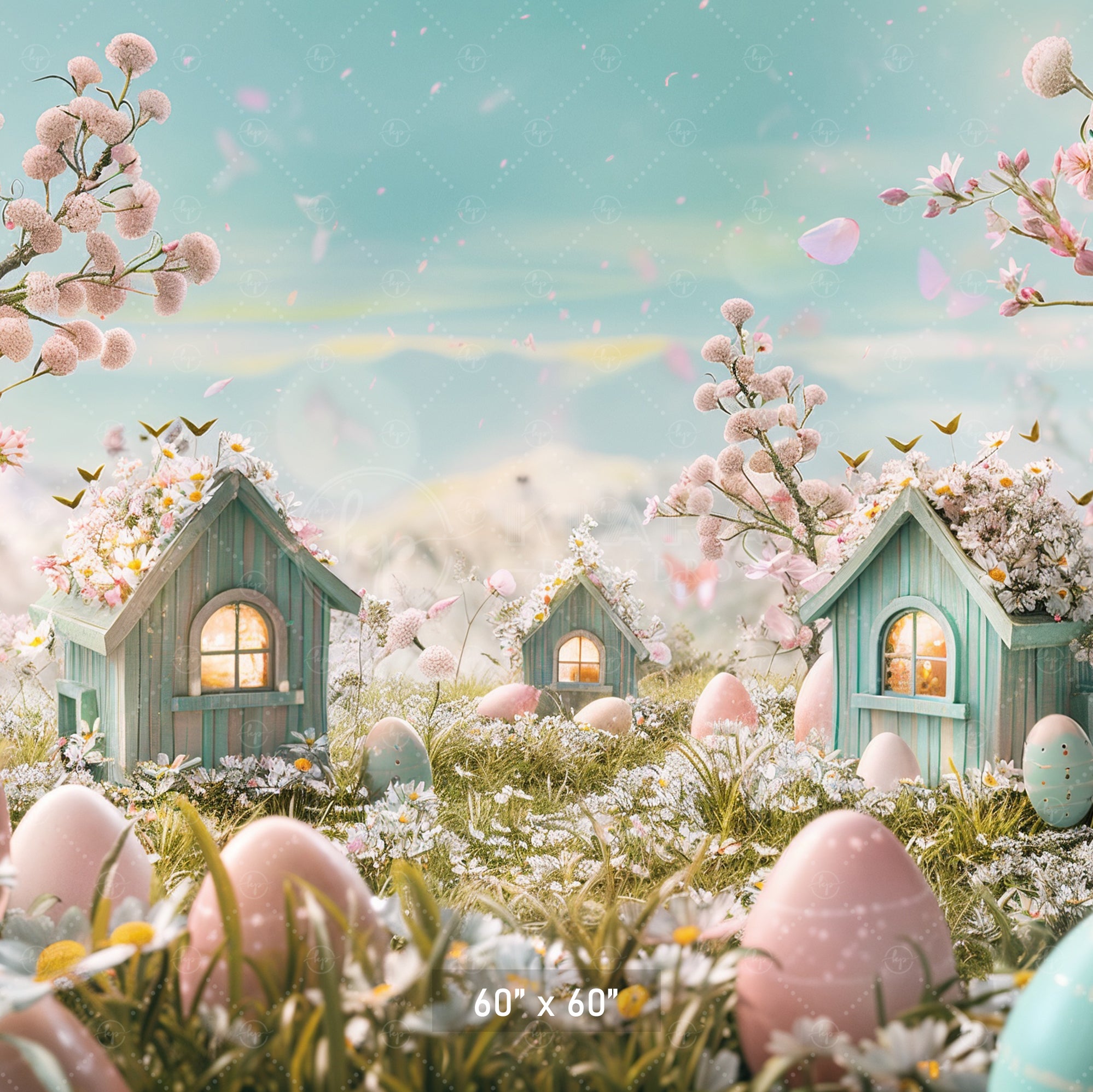Enchanted Easter Village with Blossoms Backdrop