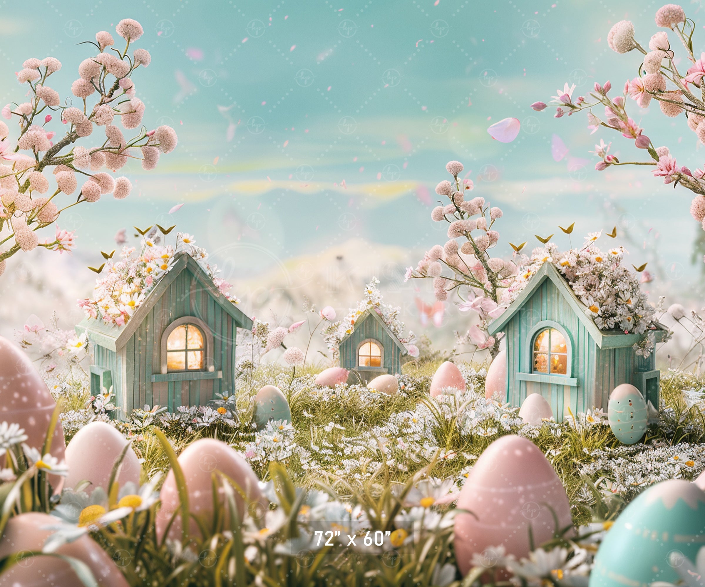 Enchanted Easter Village with Blossoms Backdrop