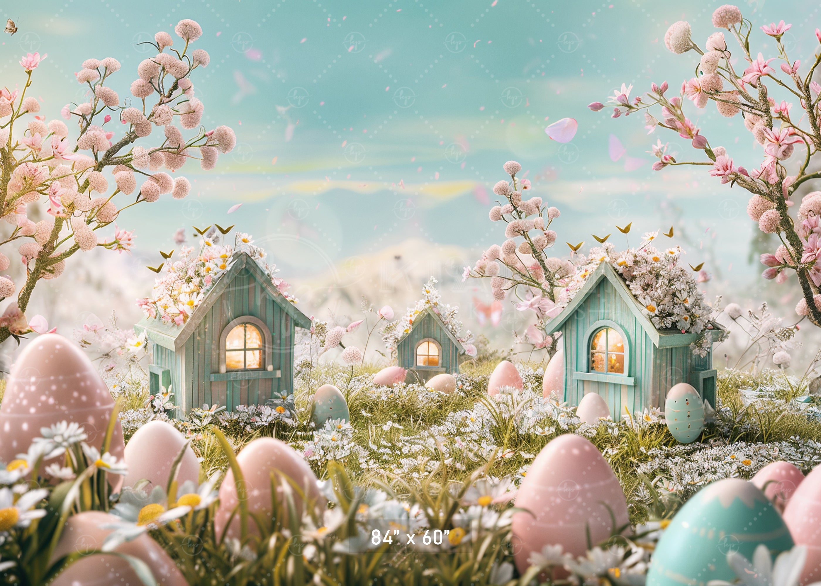 Enchanted Easter Village with Blossoms Backdrop