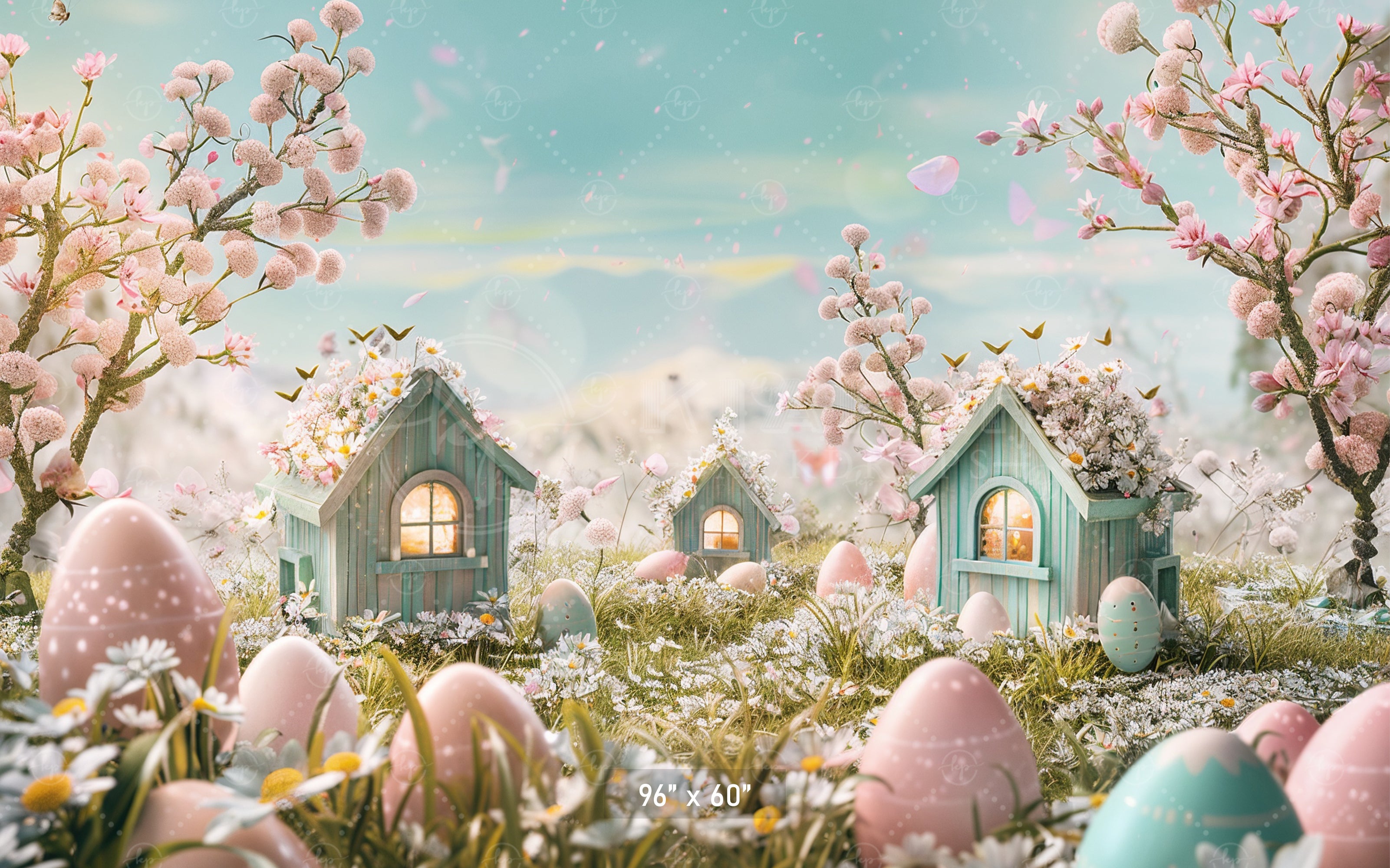 Enchanted Easter Village with Blossoms Backdrop