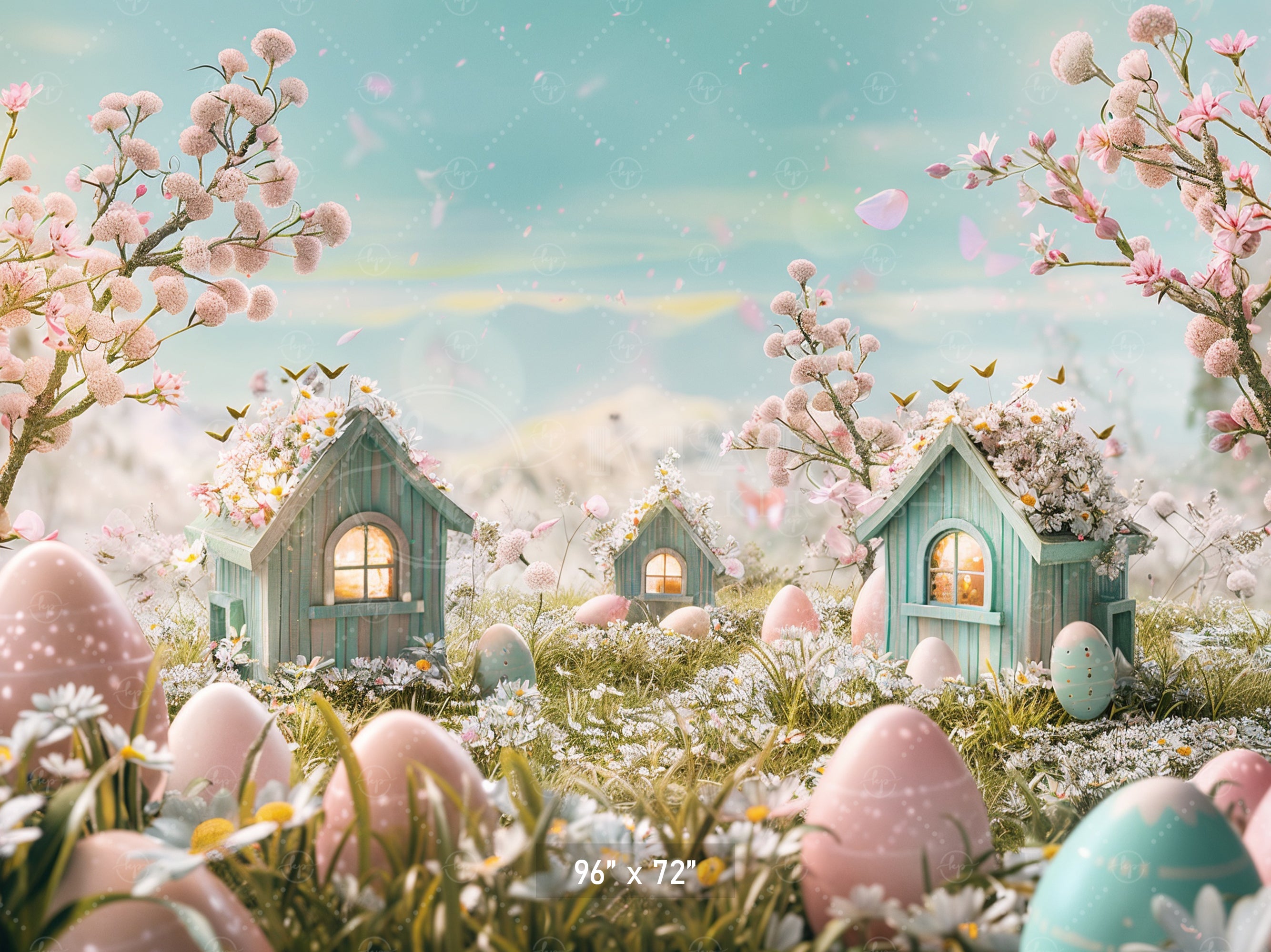 Enchanted Easter Village with Blossoms Backdrop
