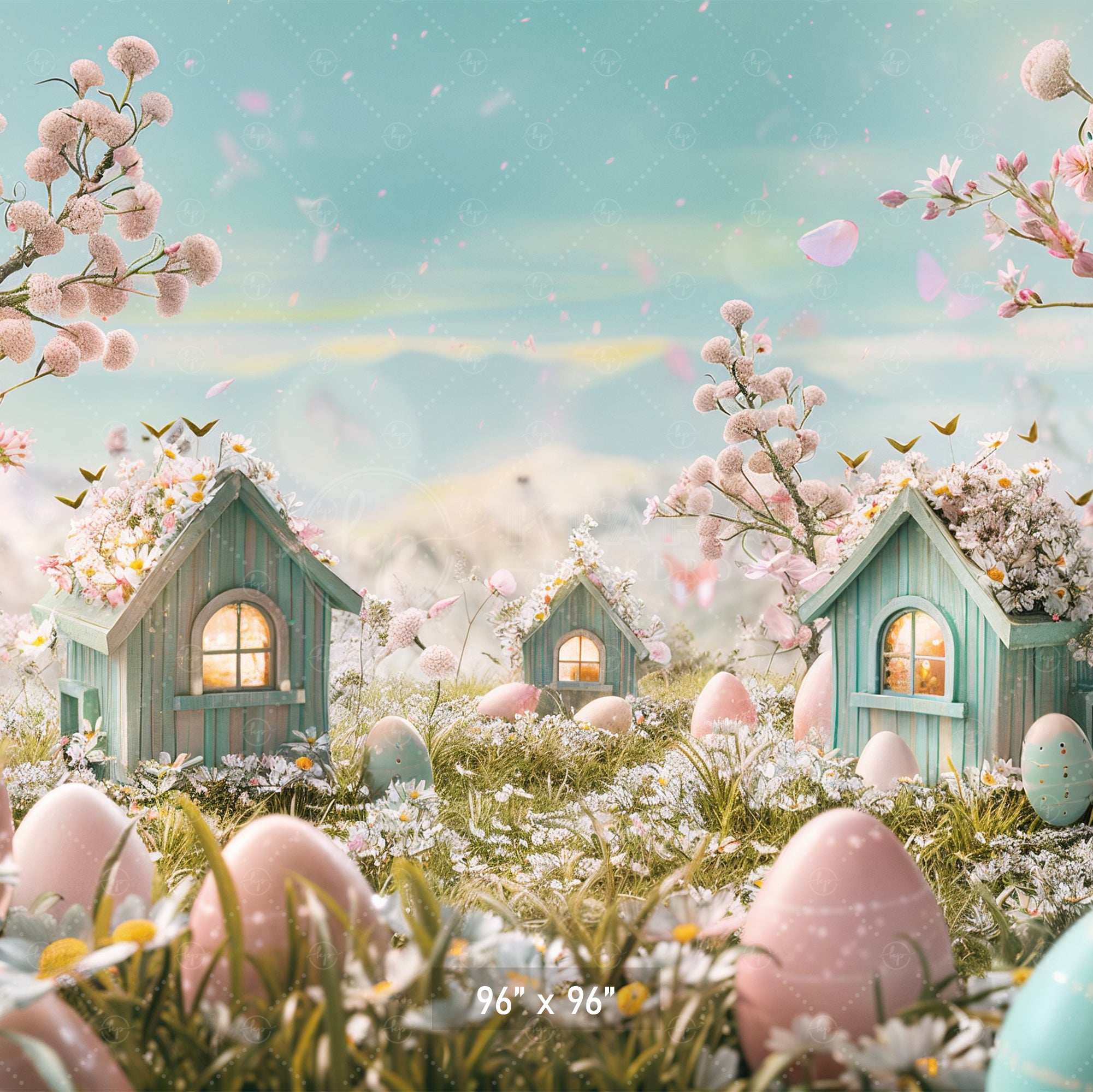 Enchanted Easter Village with Blossoms Backdrop