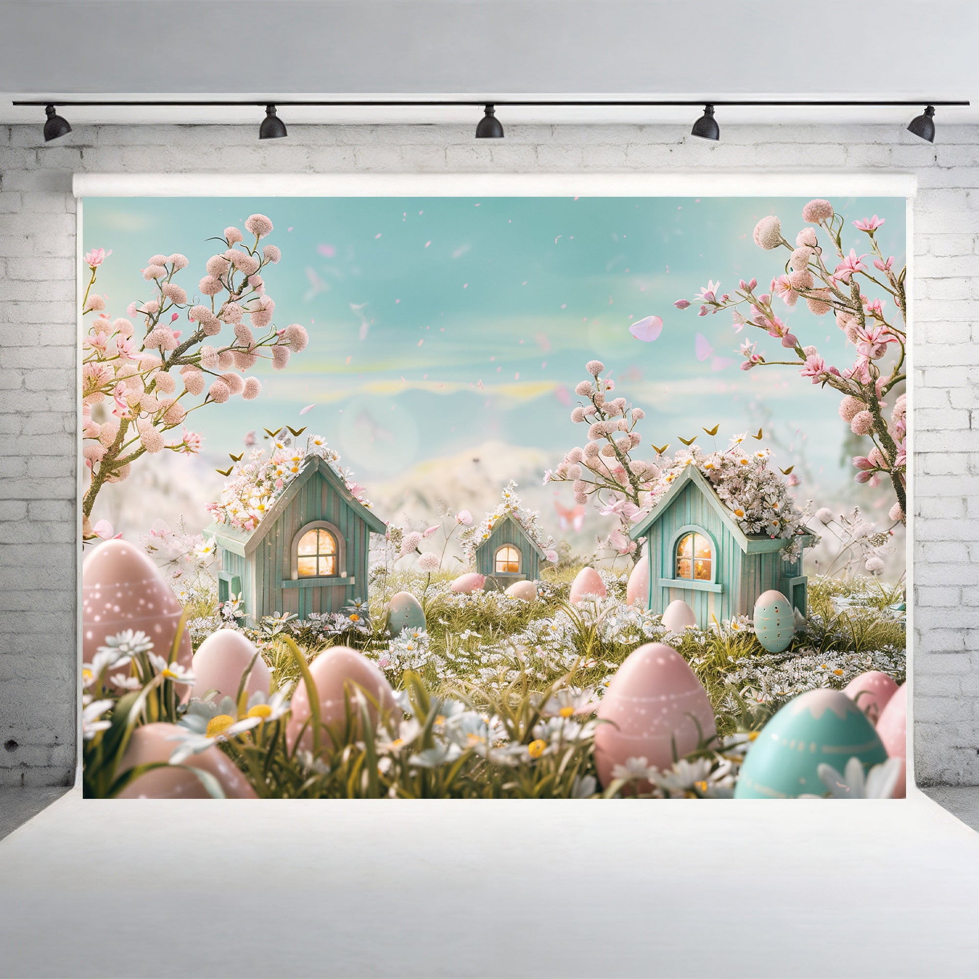 Enchanted Easter Village with Blossoms Backdrop
