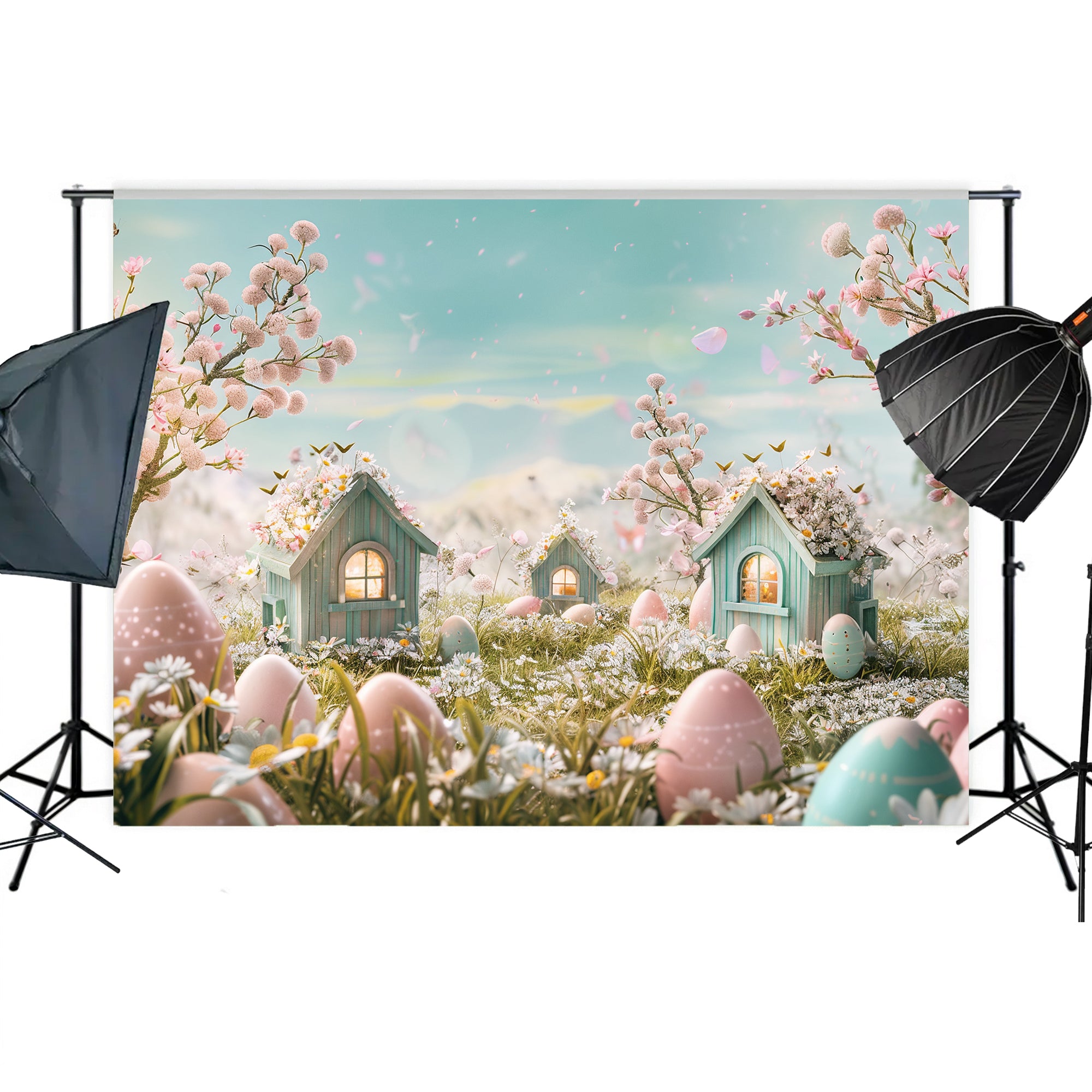 Enchanted Easter Village with Blossoms Backdrop