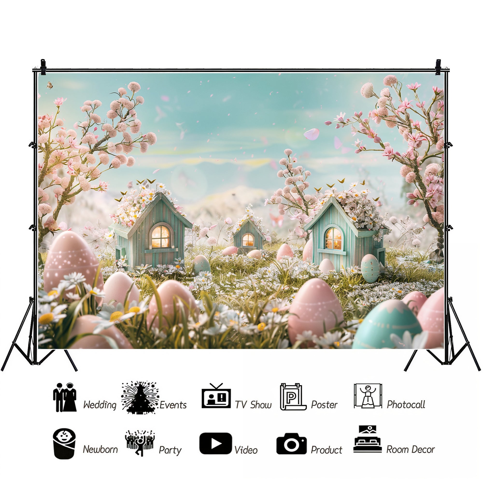 Enchanted Easter Village with Blossoms Backdrop