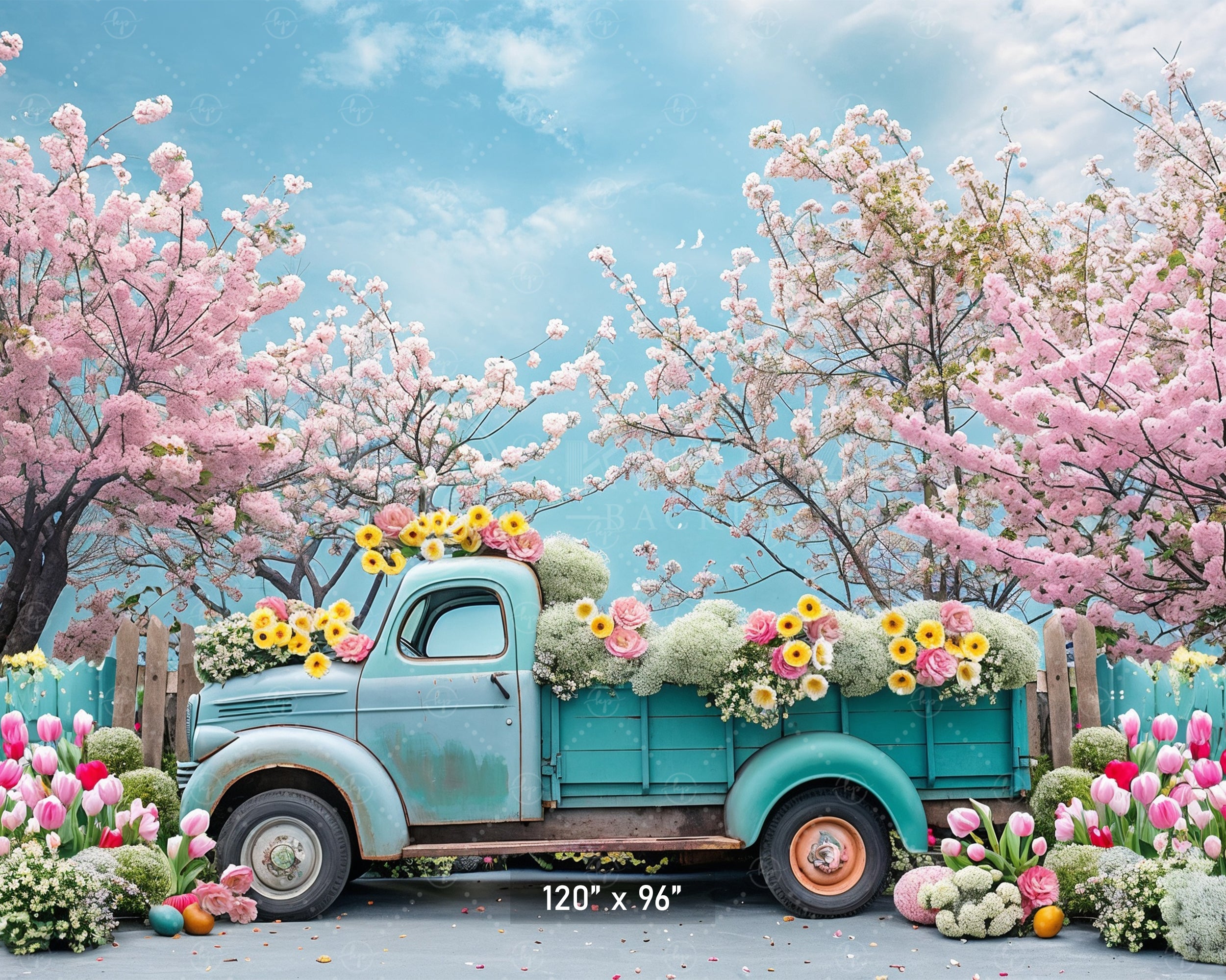 Vintage Truck with Blossoms and Tulips Backdrop