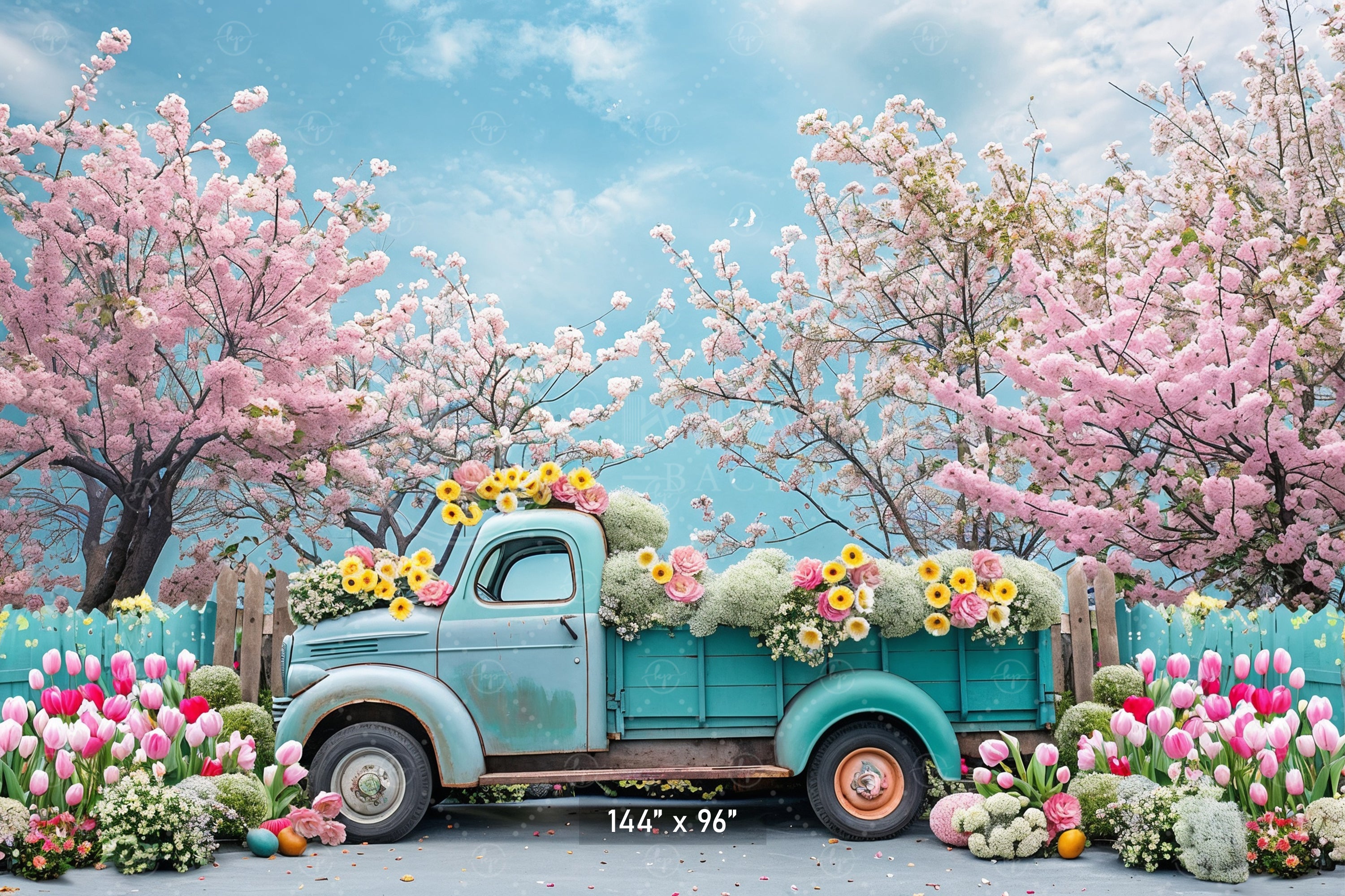 Vintage Truck with Blossoms and Tulips Backdrop