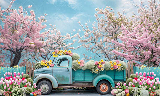 Vintage Truck with Blossoms and Tulips Backdrop