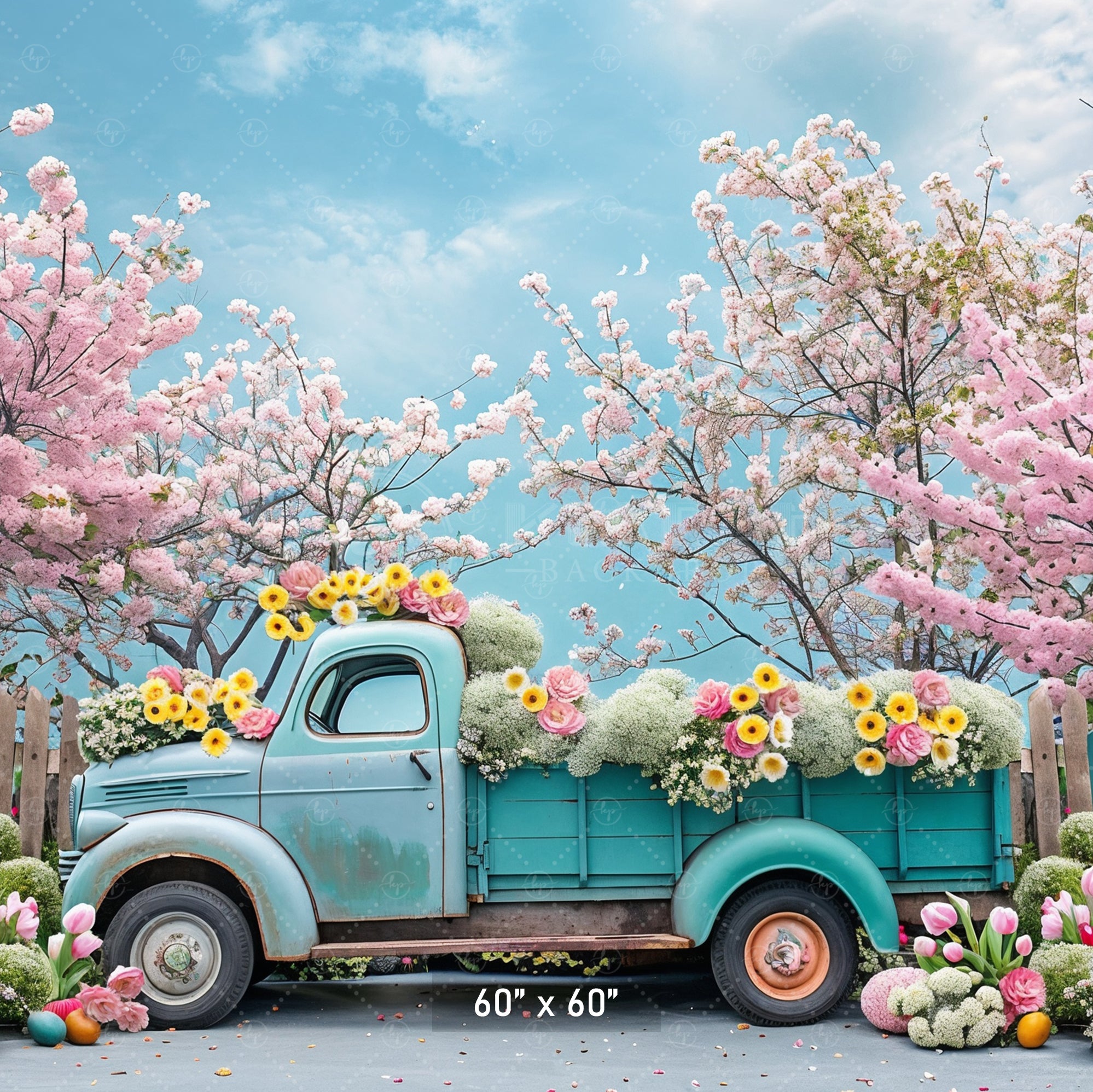 Vintage Truck with Blossoms and Tulips Backdrop