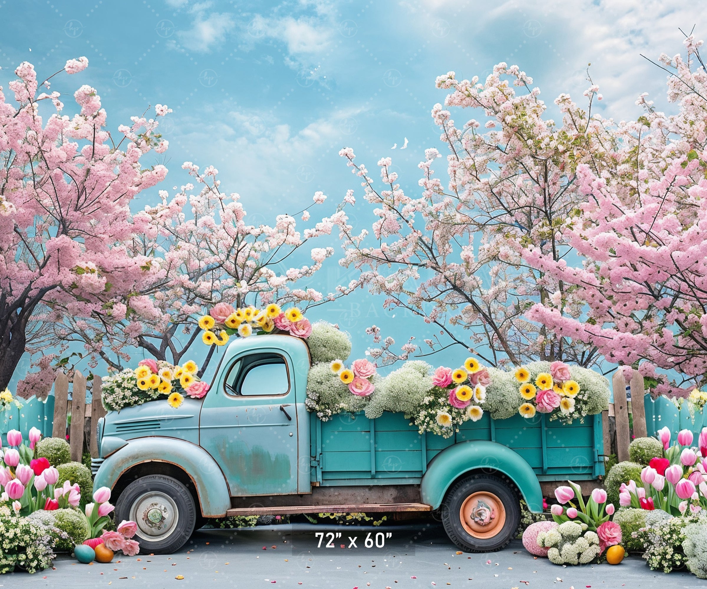 Vintage Truck with Blossoms and Tulips Backdrop