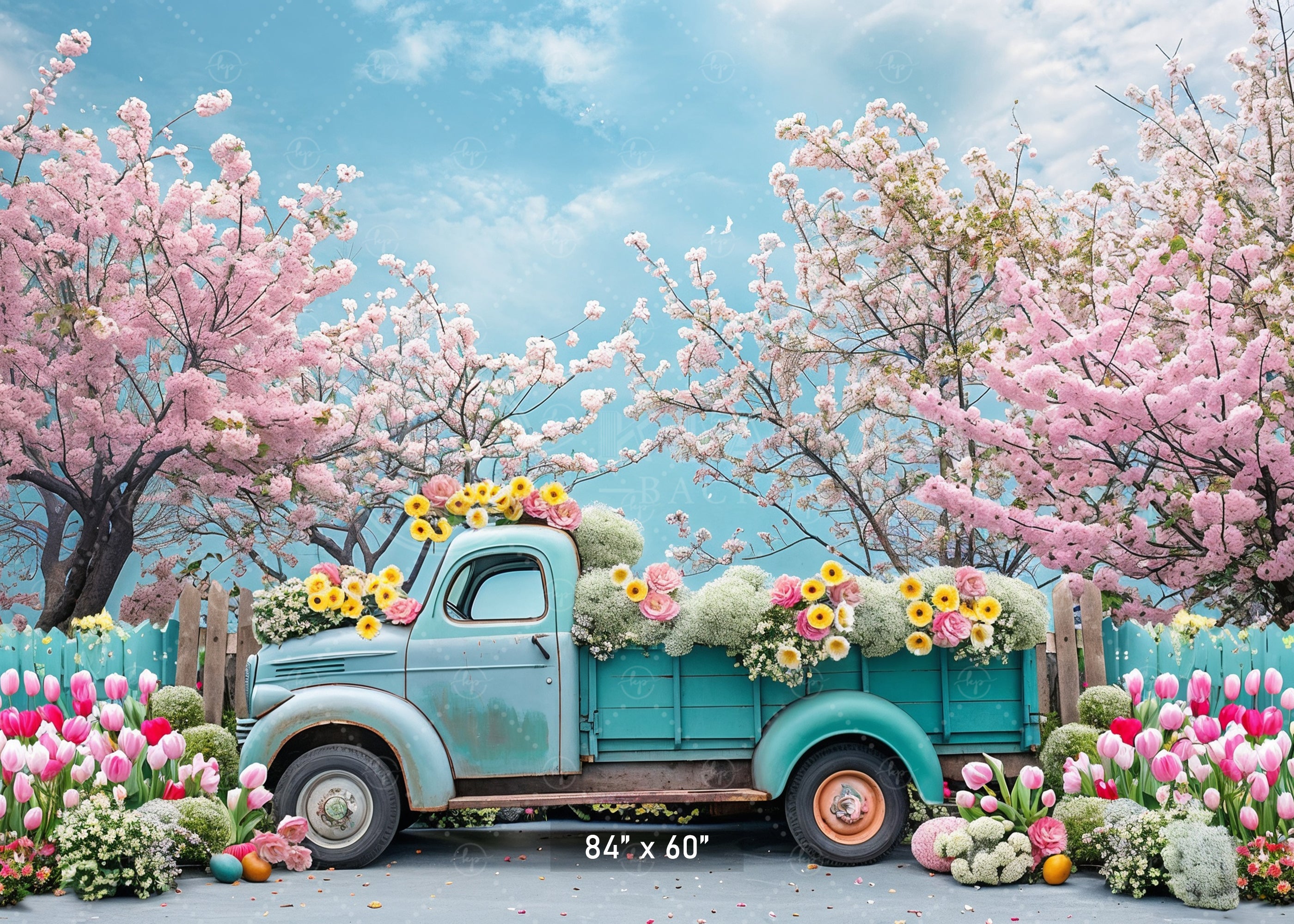 Vintage Truck with Blossoms and Tulips Backdrop