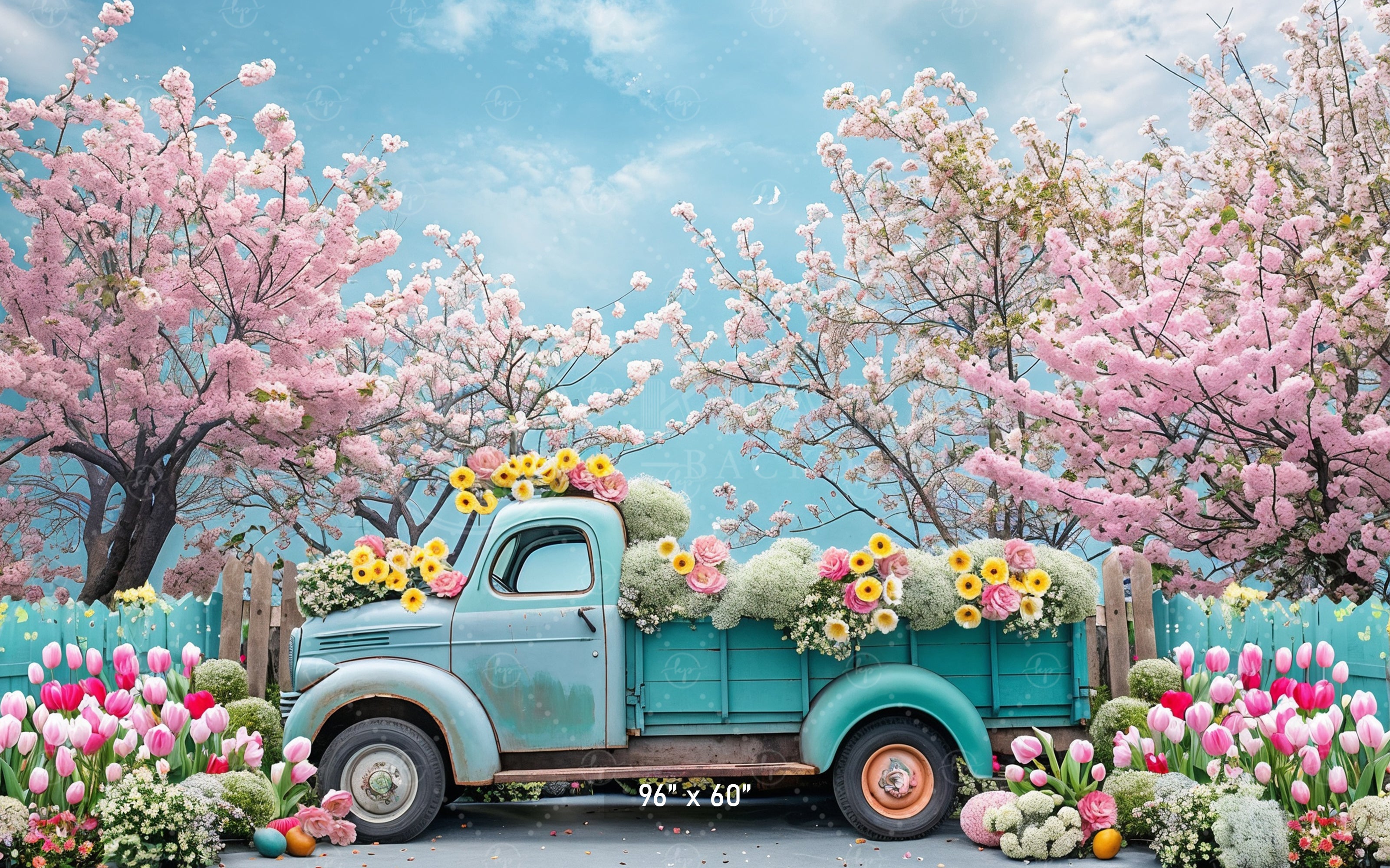 Vintage Truck with Blossoms and Tulips Backdrop