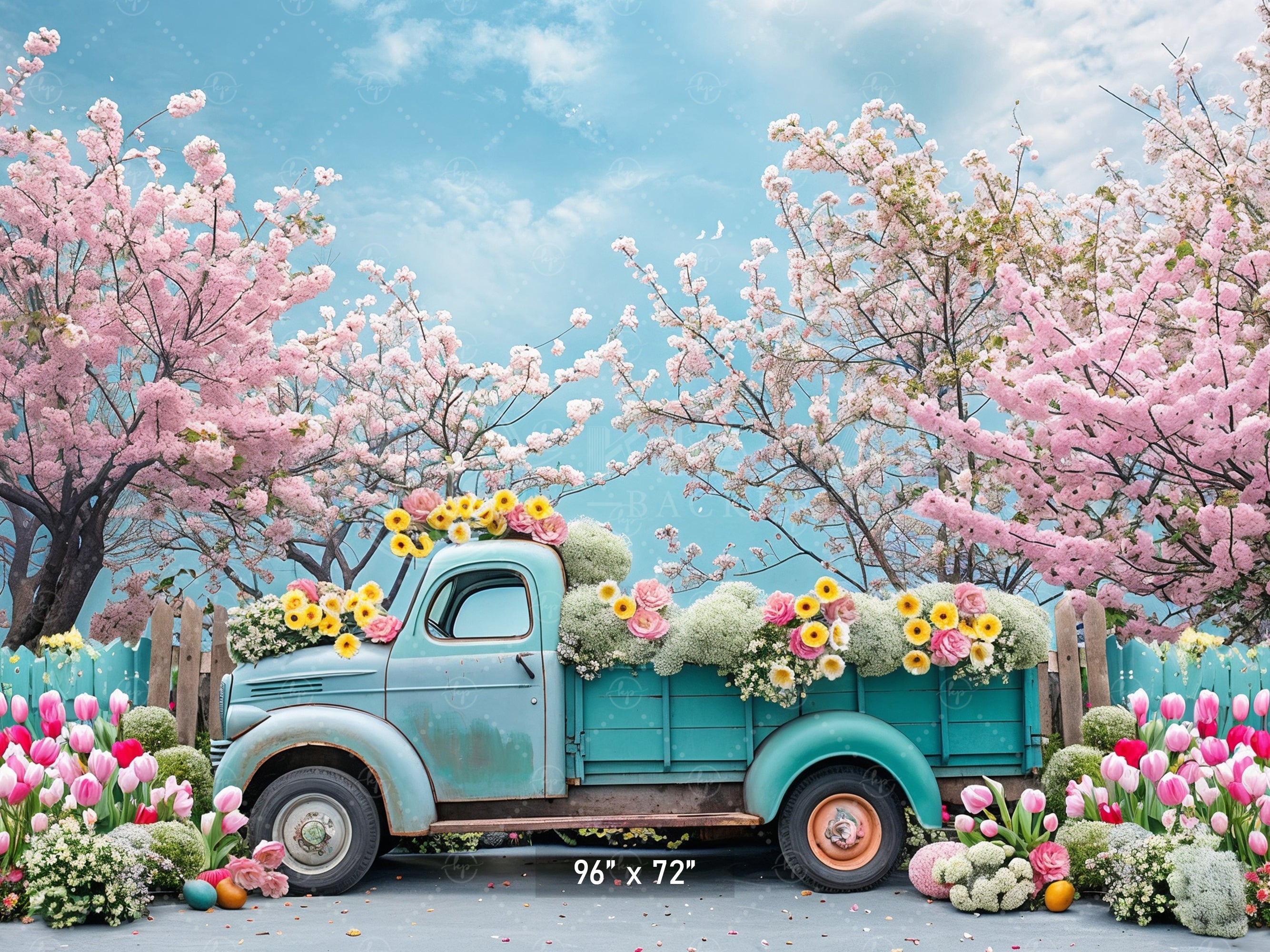 Vintage Truck with Blossoms and Tulips Backdrop
