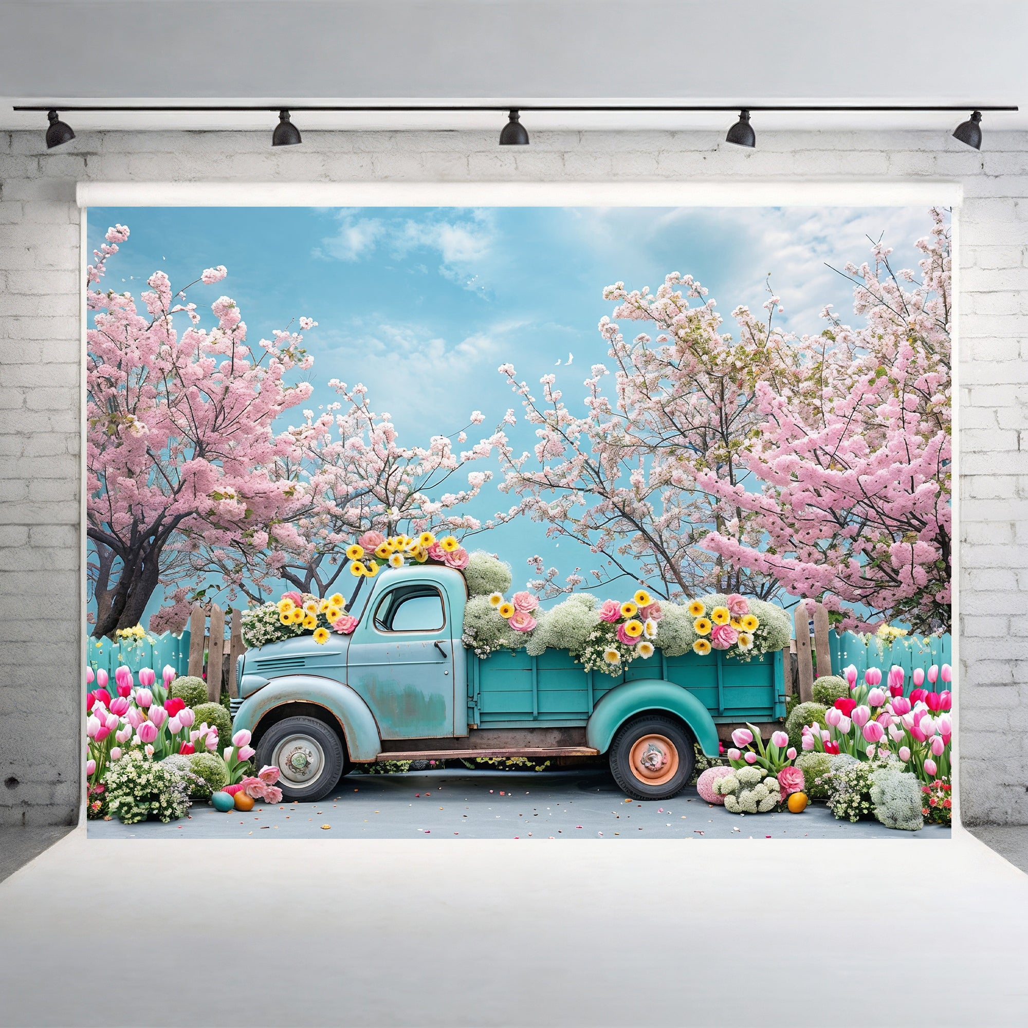 Vintage Truck with Blossoms and Tulips Backdrop