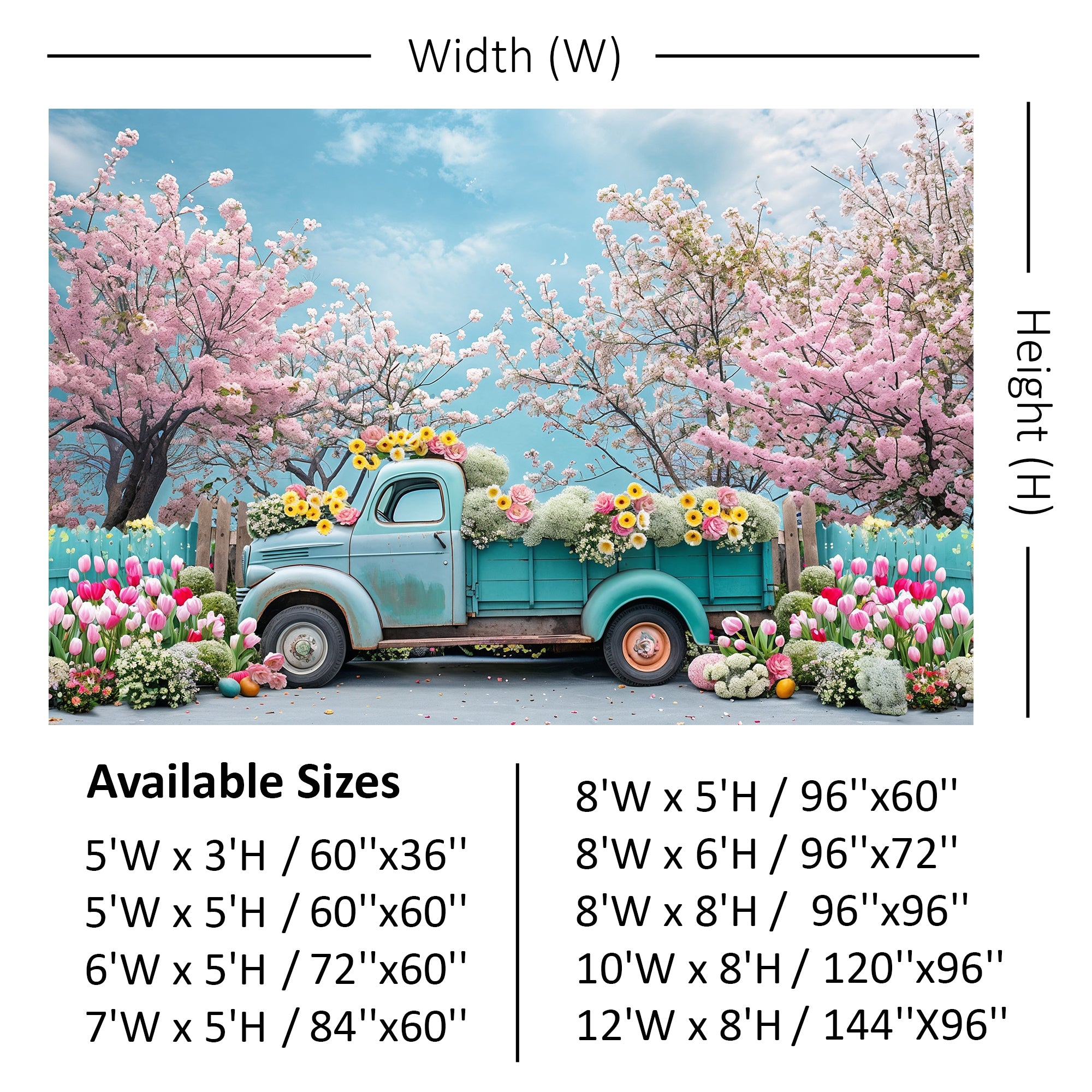 Vintage Truck with Blossoms and Tulips Backdrop