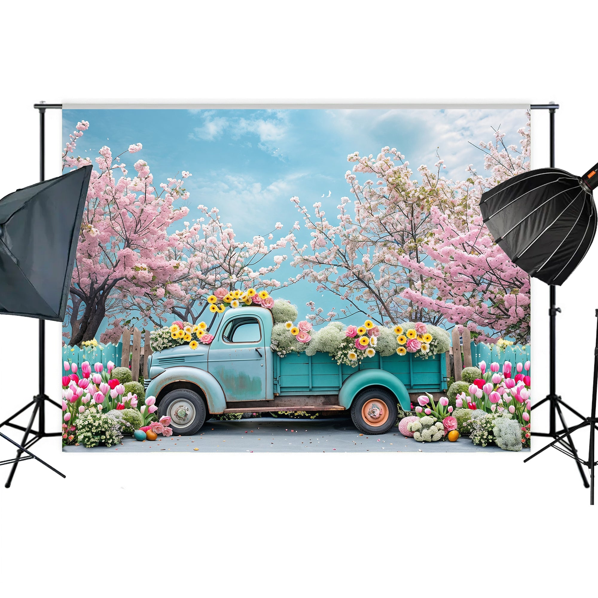 Vintage Truck with Blossoms and Tulips Backdrop