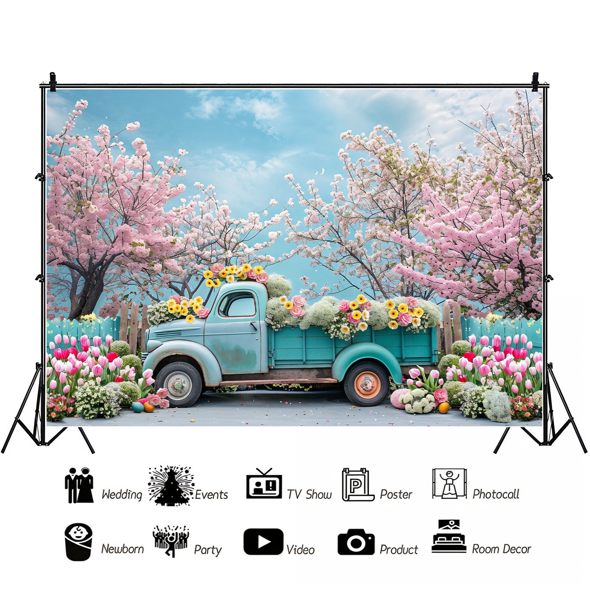 Vintage Truck with Blossoms and Tulips Backdrop