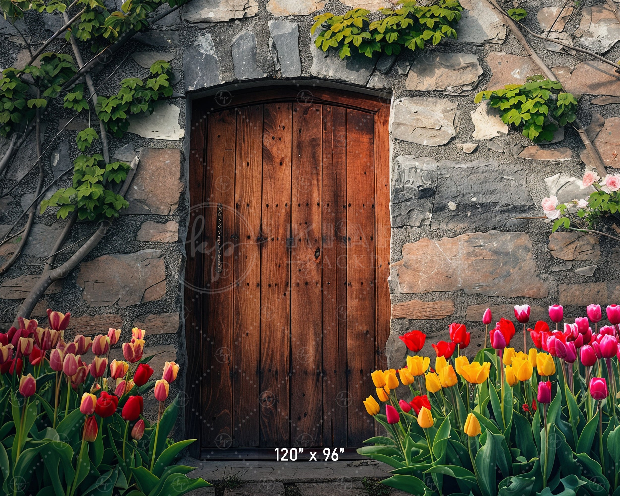 Rustic Stone Door with Tulips Backdrop