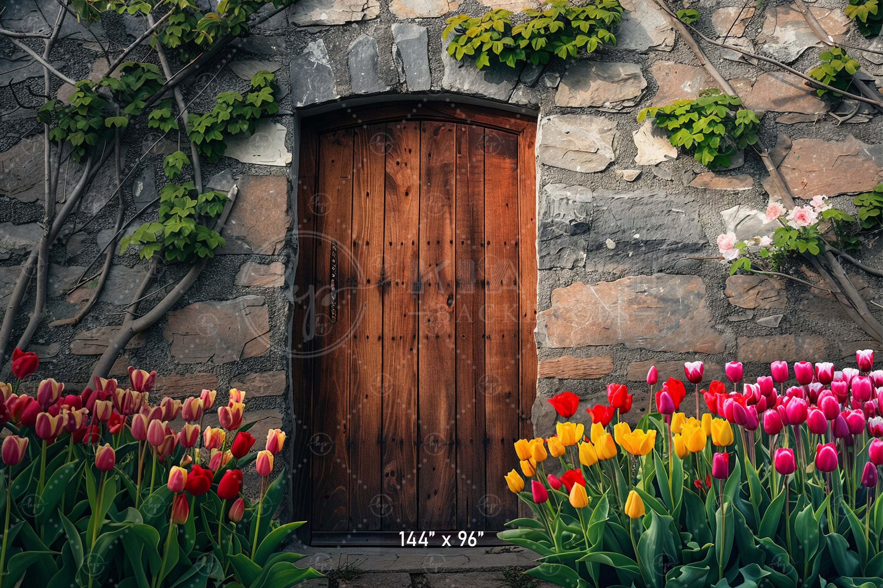 Rustic Stone Door with Tulips Backdrop