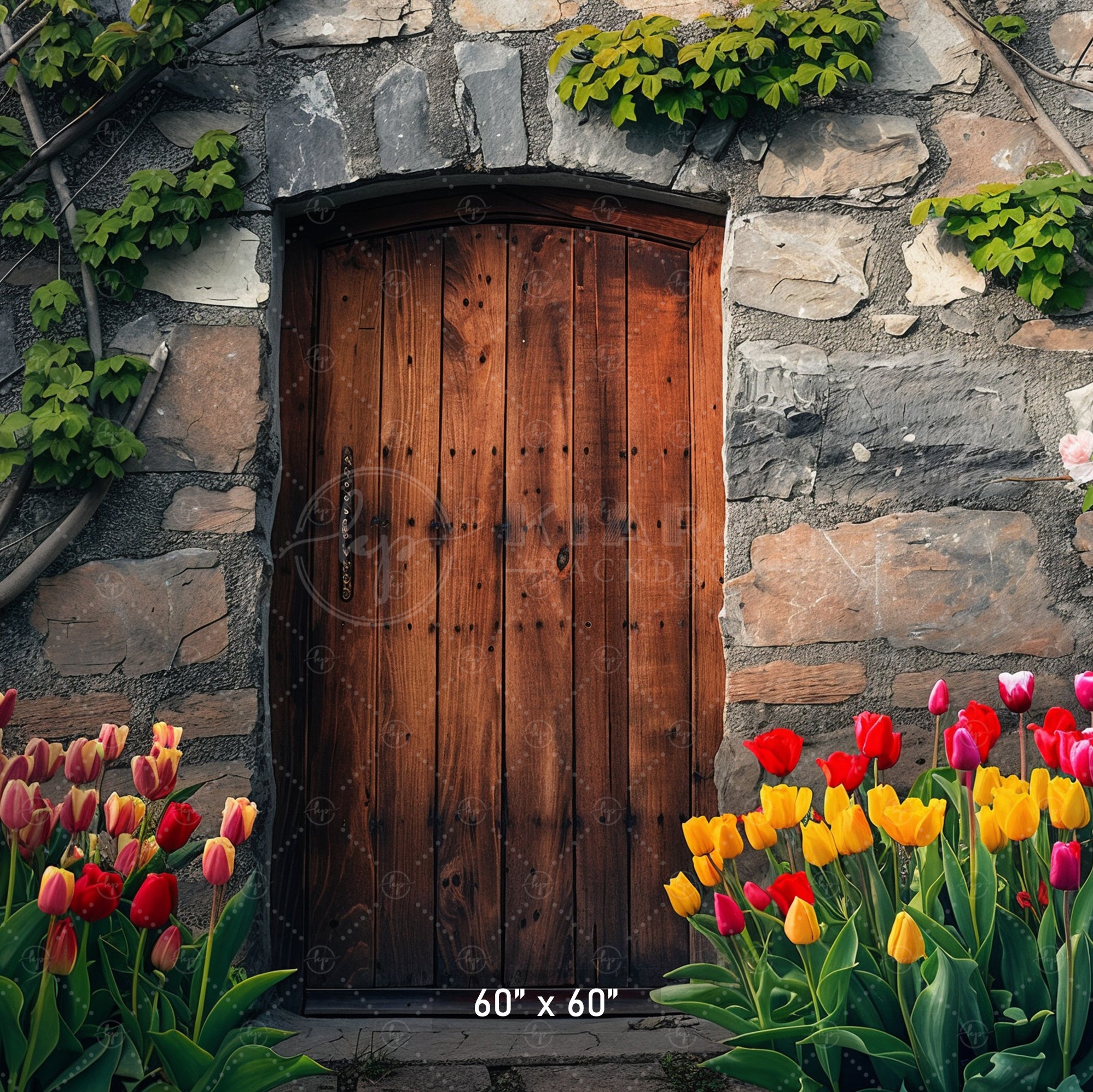 Rustic Stone Door with Tulips Backdrop