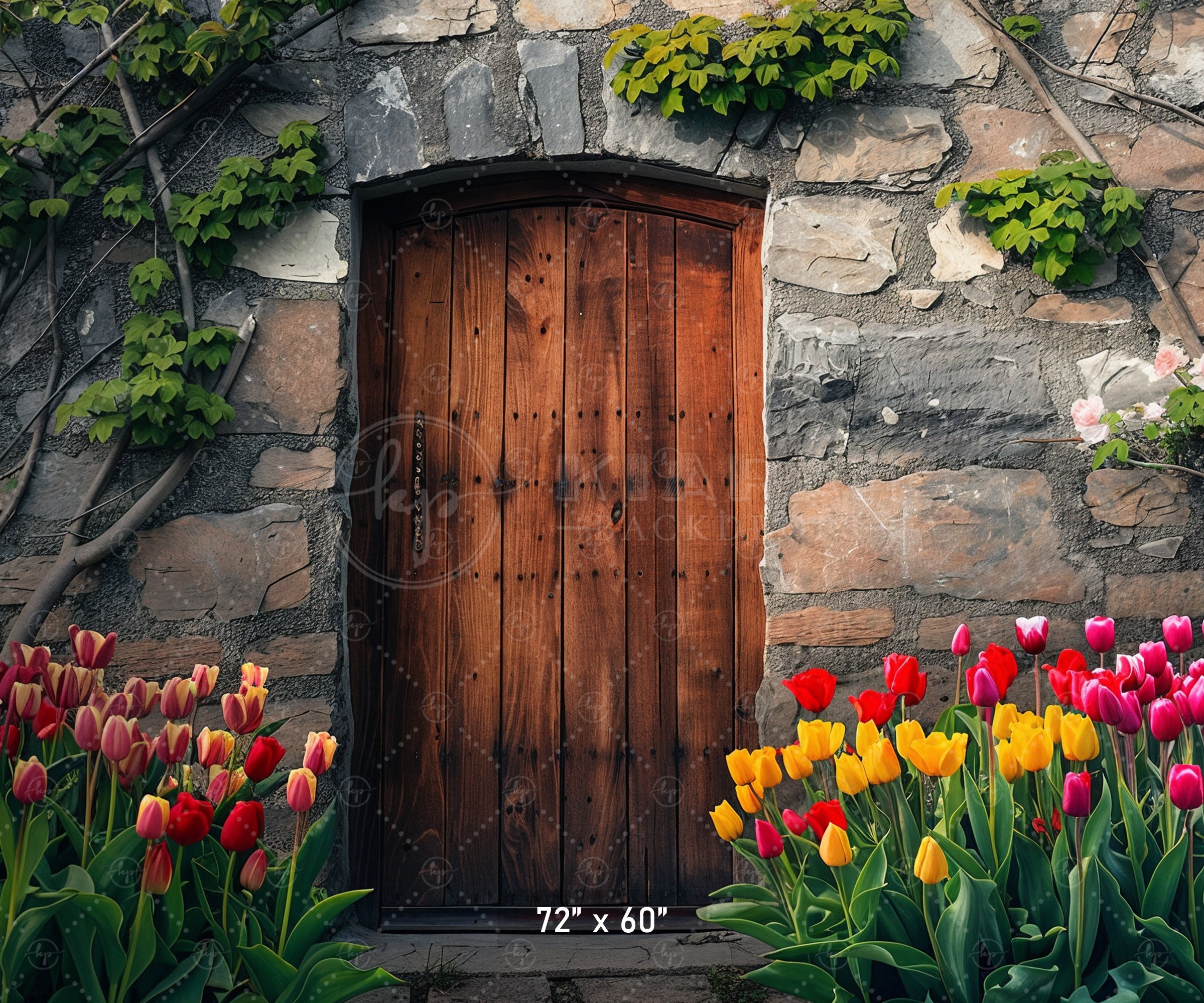 Rustic Stone Door with Tulips Backdrop