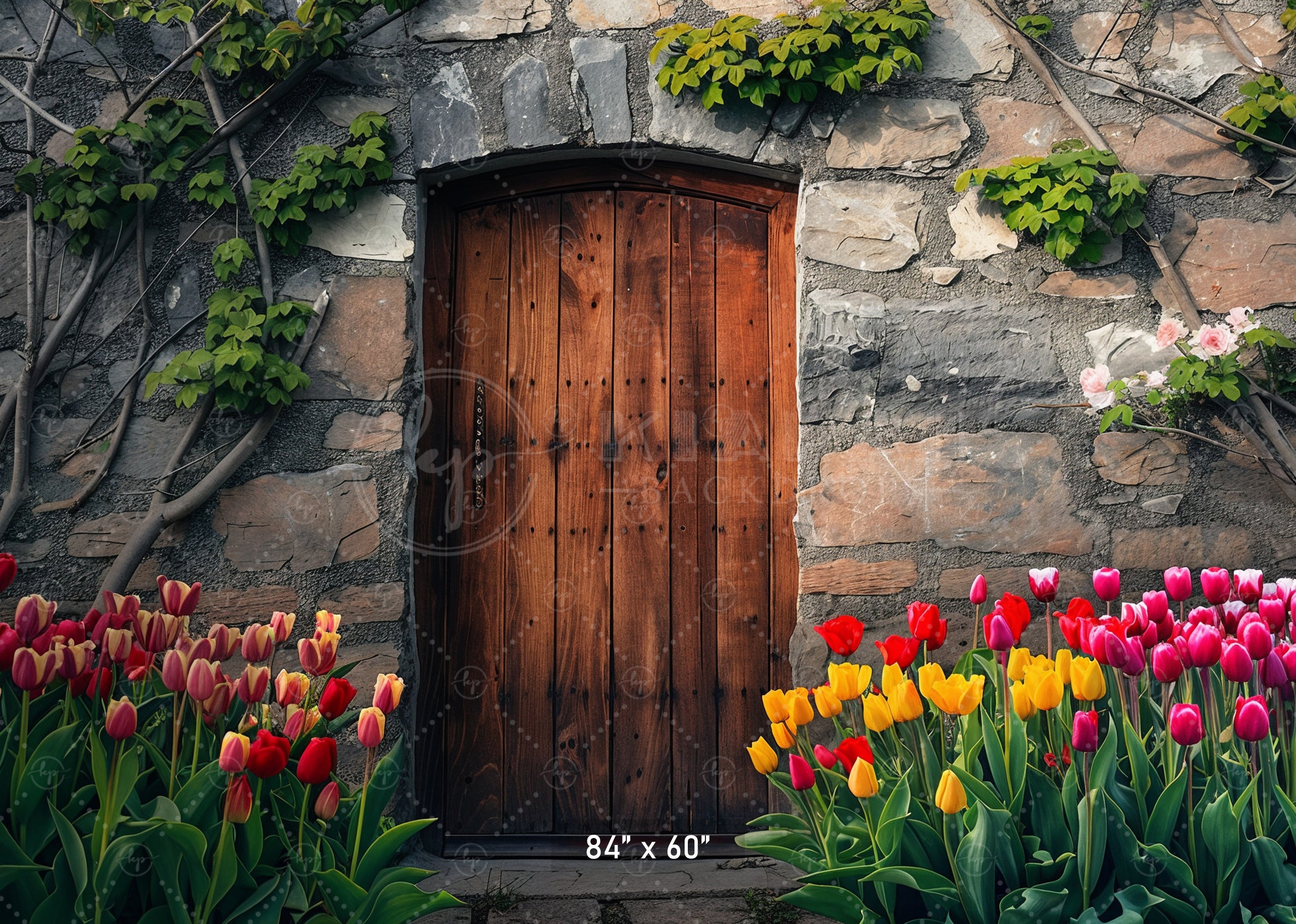 Rustic Stone Door with Tulips Backdrop