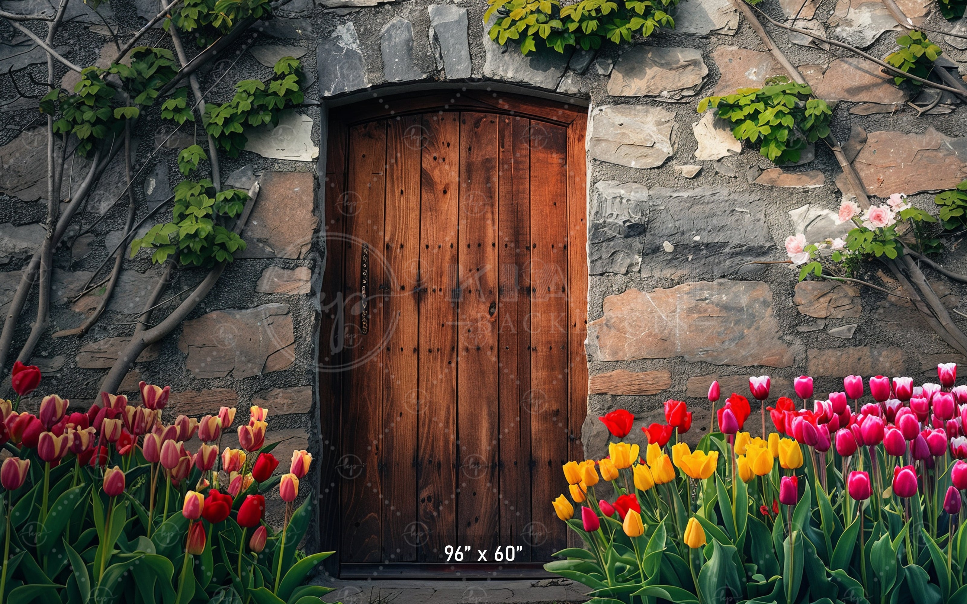 Rustic Stone Door with Tulips Backdrop