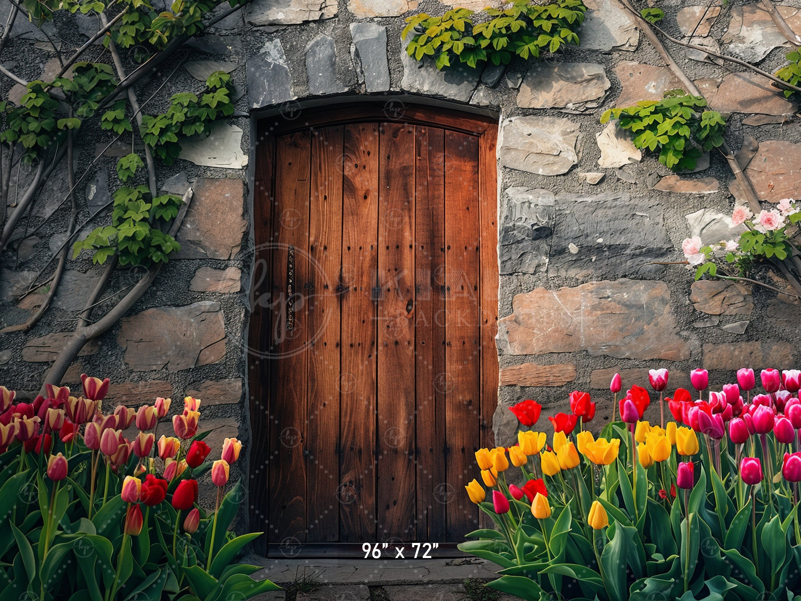 Rustic Stone Door with Tulips Backdrop