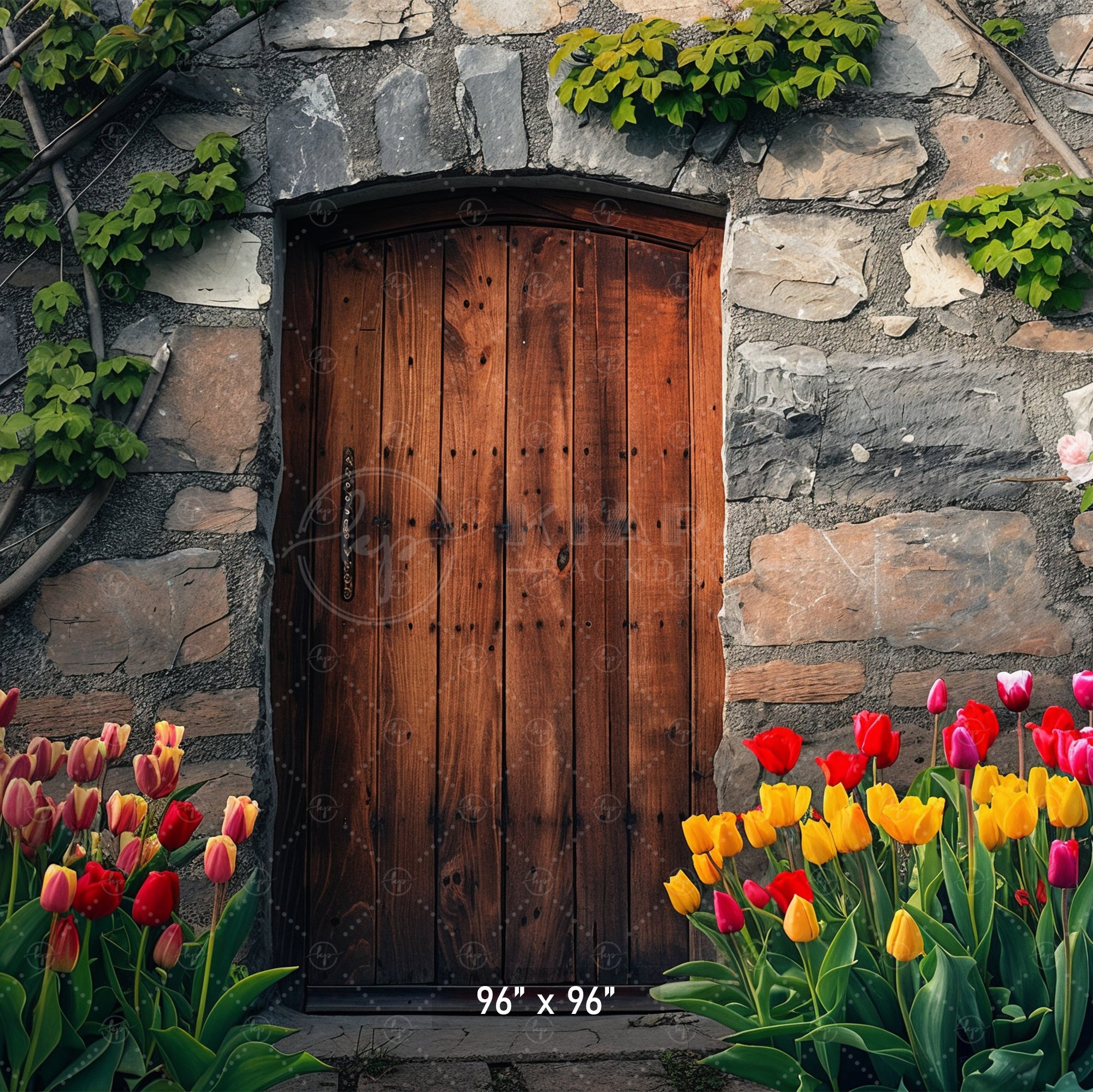 Rustic Stone Door with Tulips Backdrop