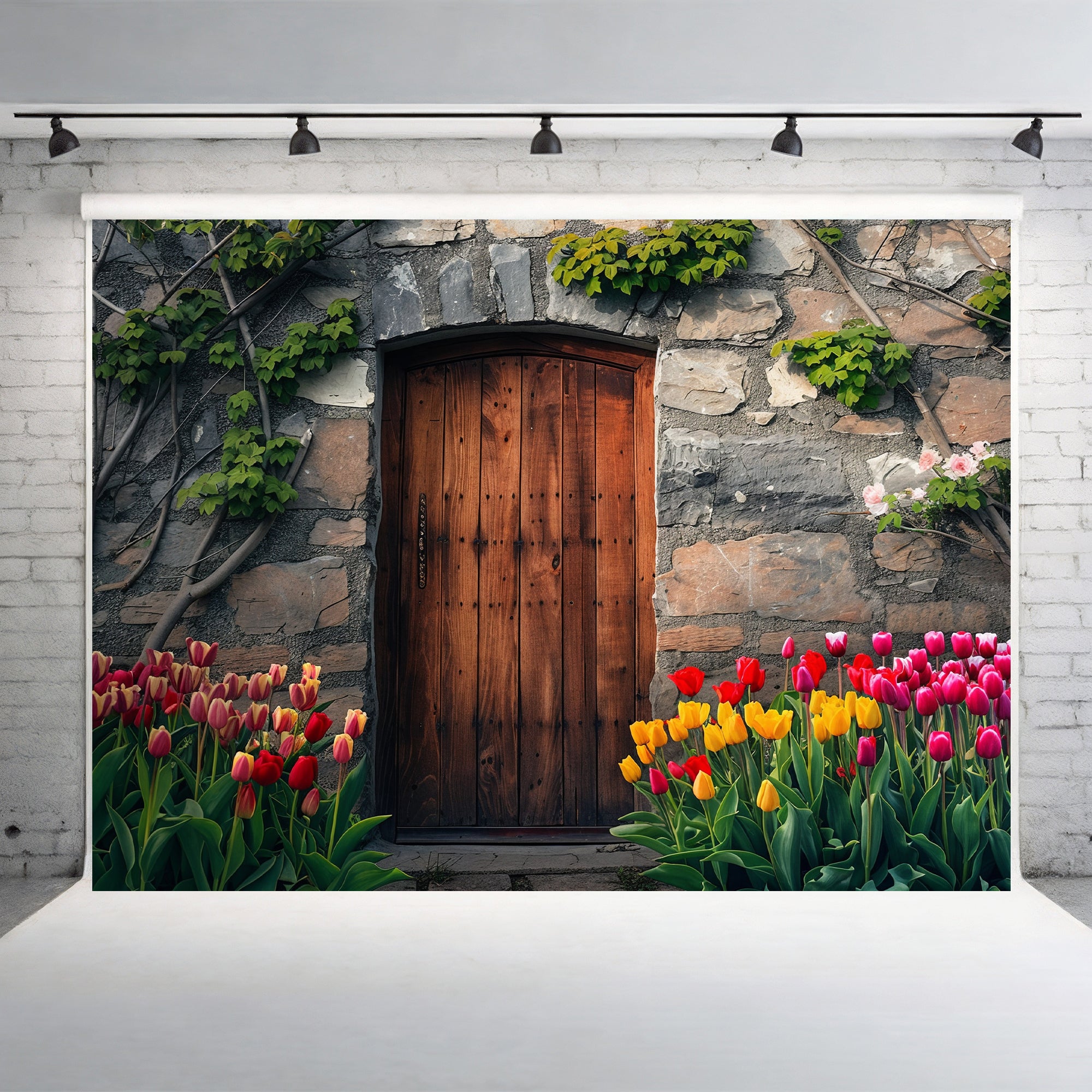 Rustic Stone Door with Tulips Backdrop