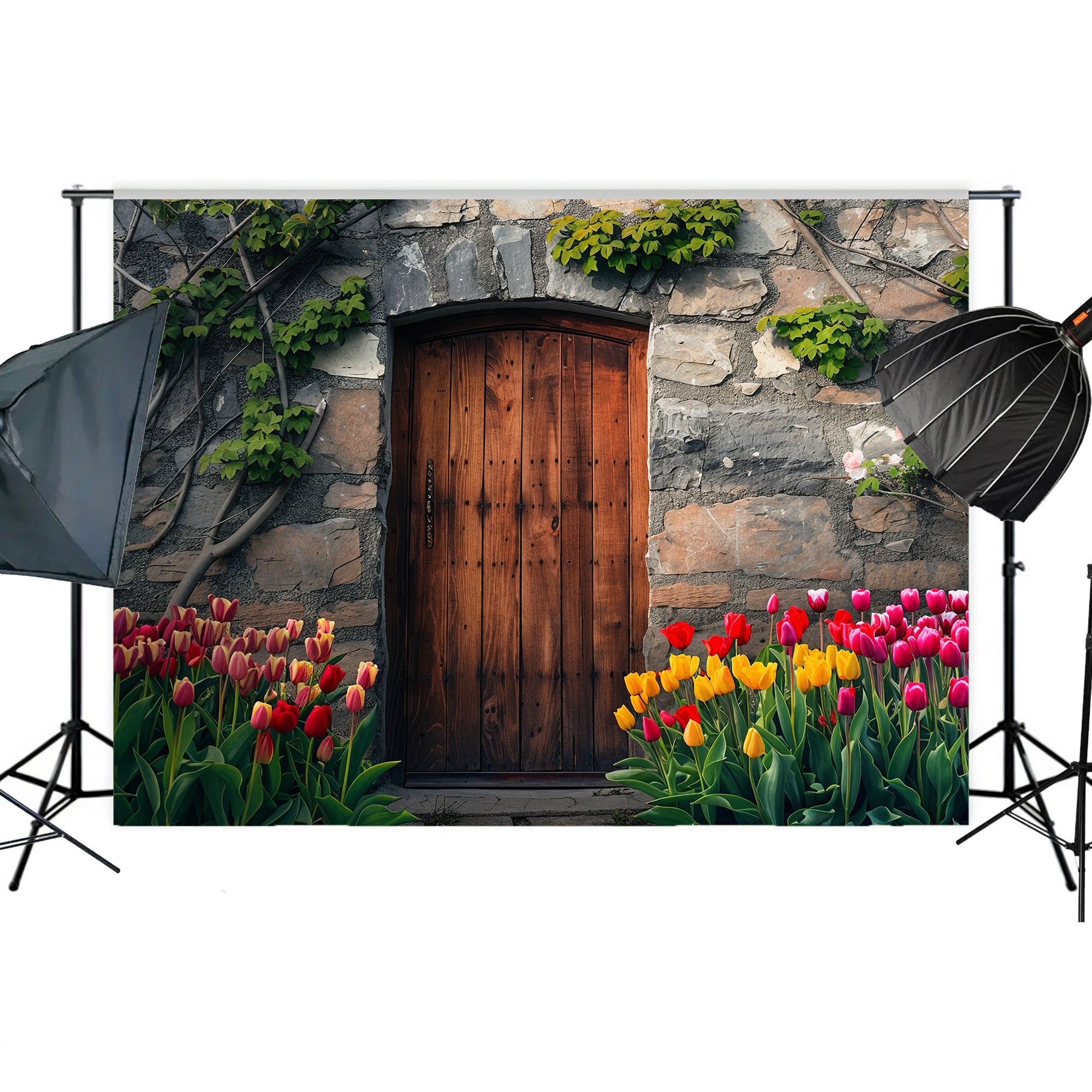 Rustic Stone Door with Tulips Backdrop
