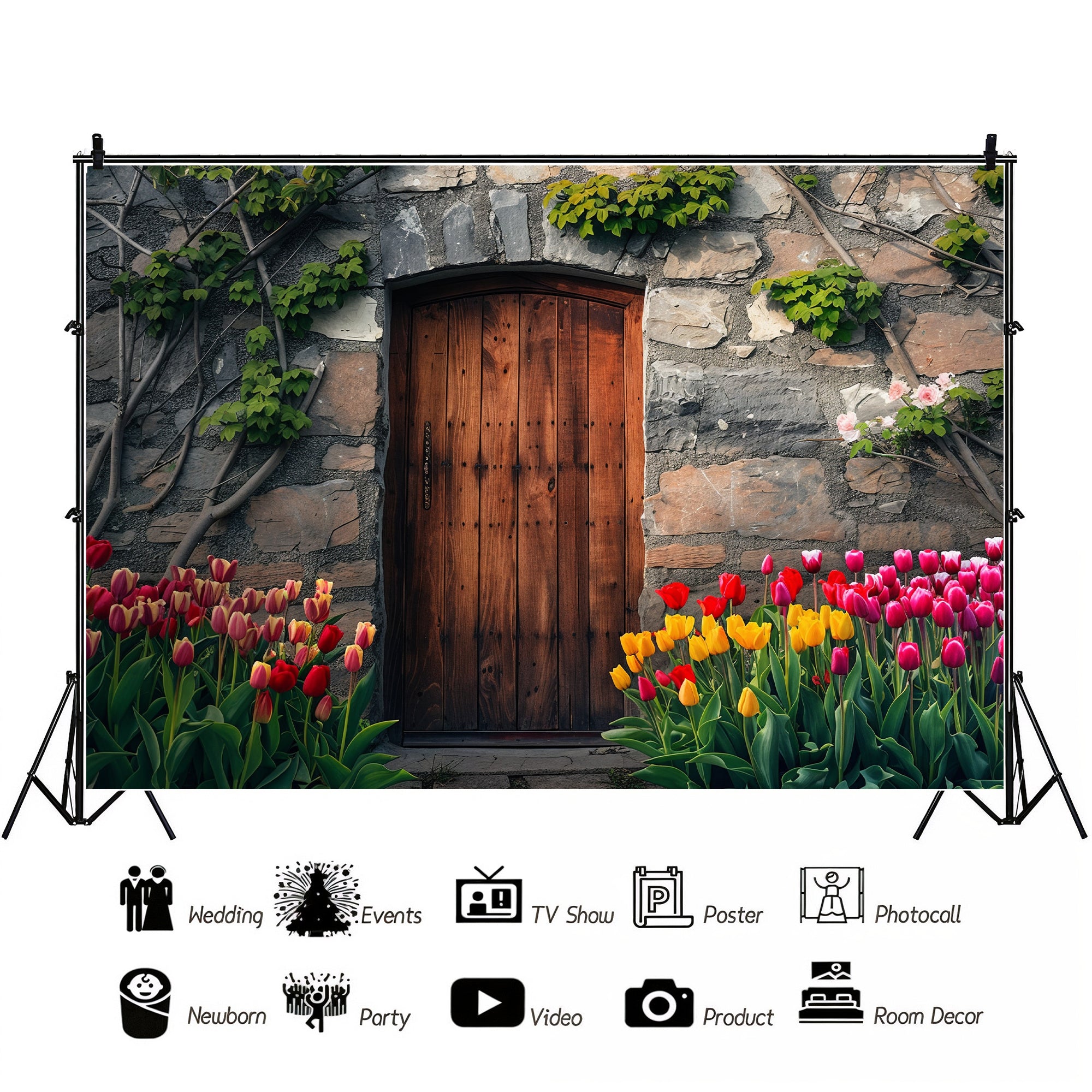 Rustic Stone Door with Tulips Backdrop