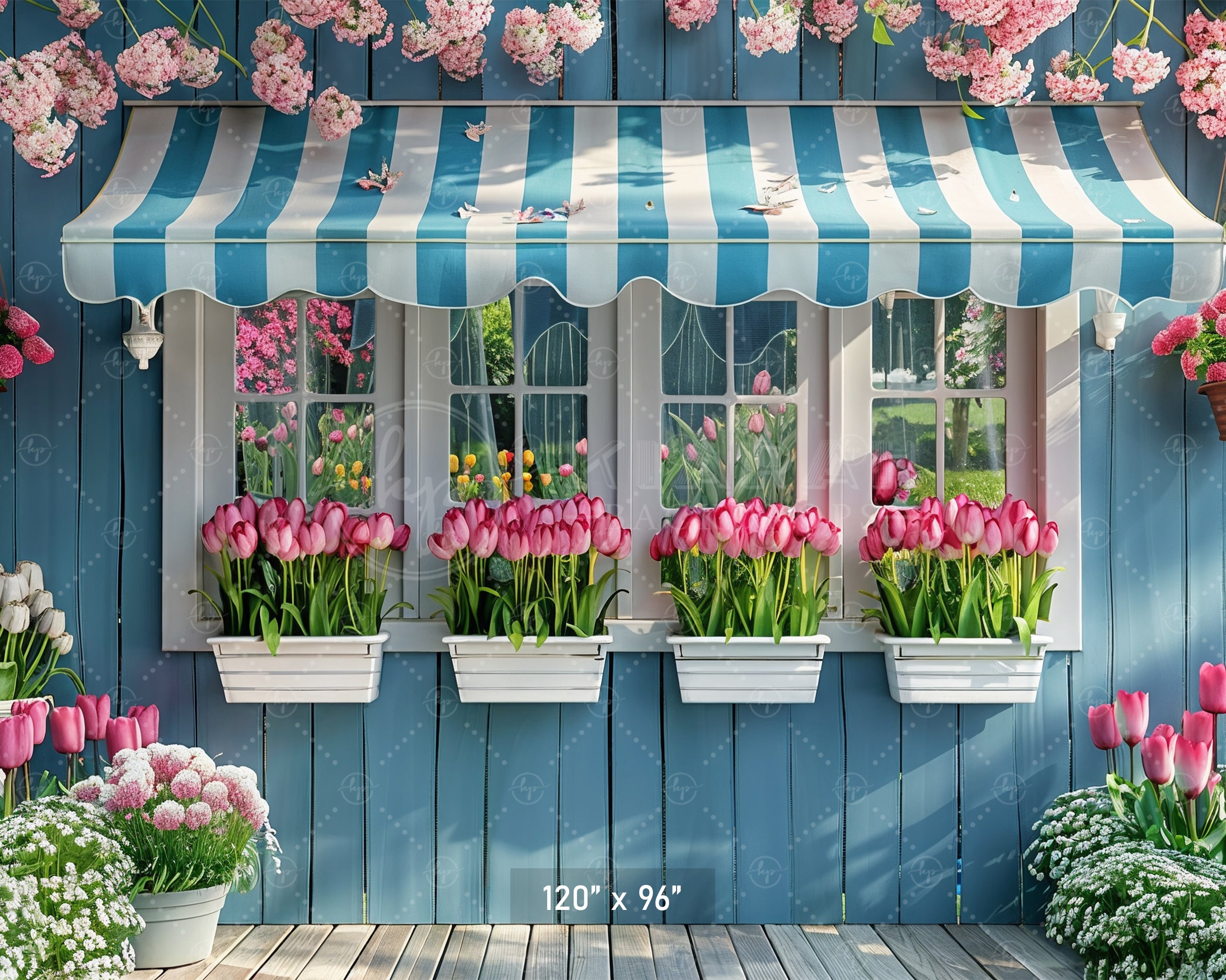 Charming Blue Cottage with Tulips Backdrop