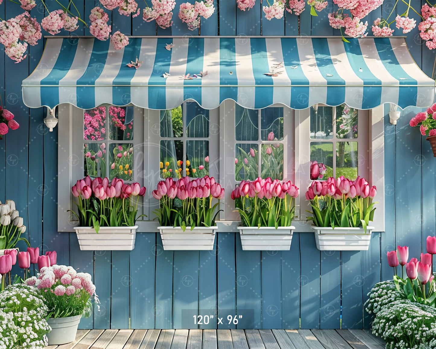 Charming Blue Cottage with Tulips Backdrop