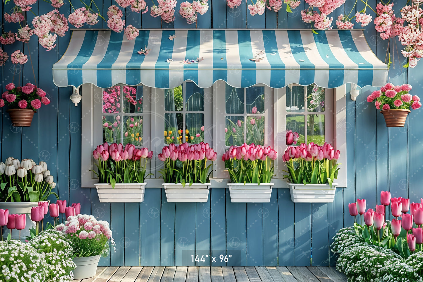 Charming Blue Cottage with Tulips Backdrop