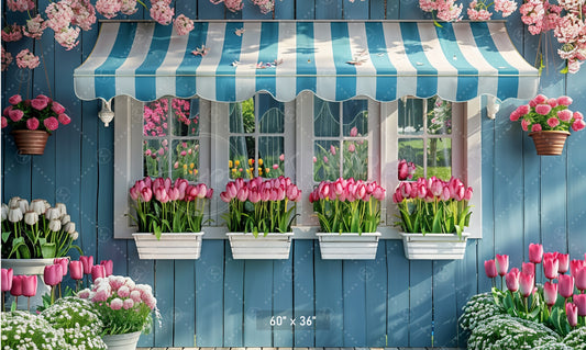 Charming Blue Cottage with Tulips Backdrop