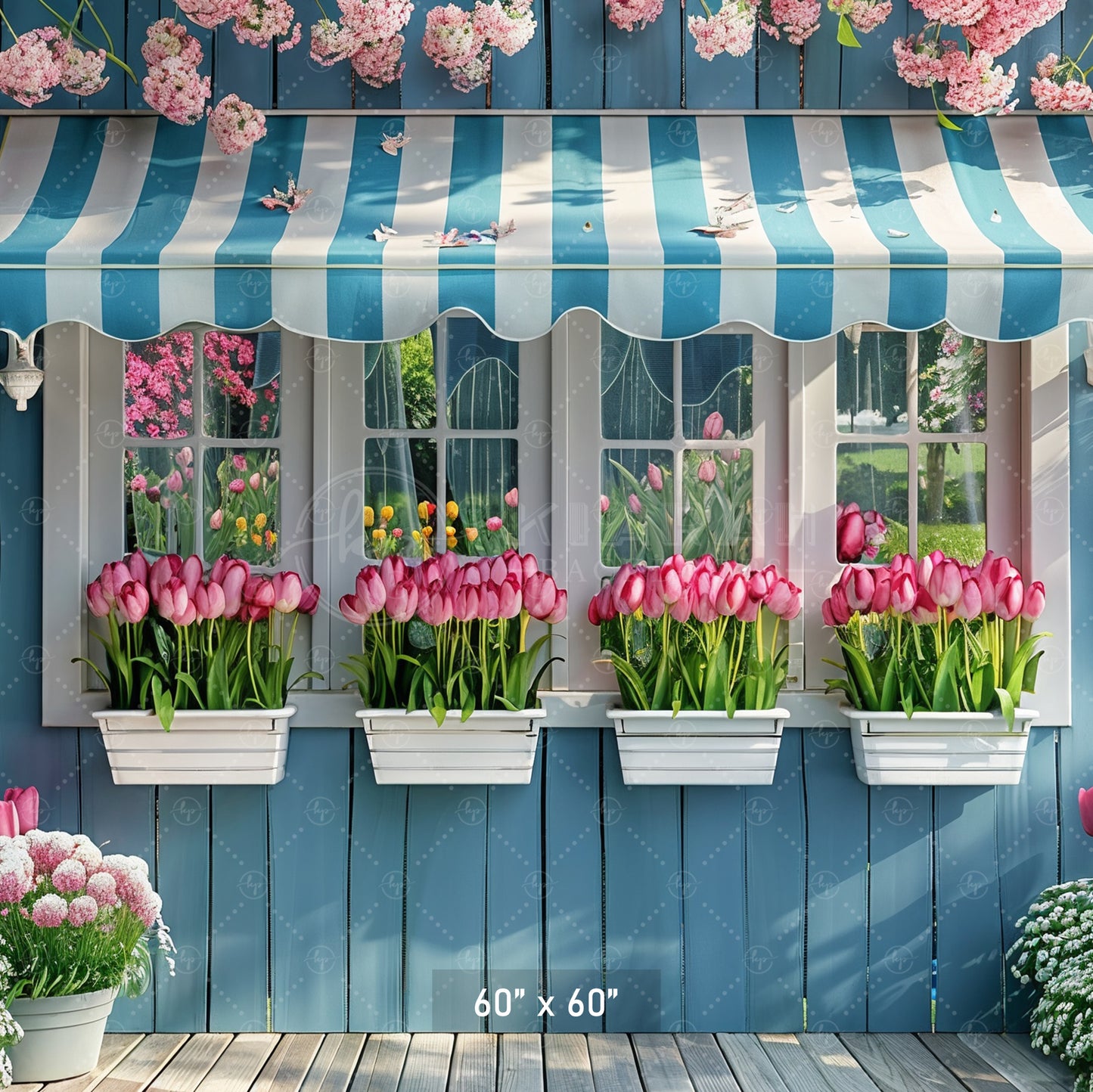 Charming Blue Cottage with Tulips Backdrop